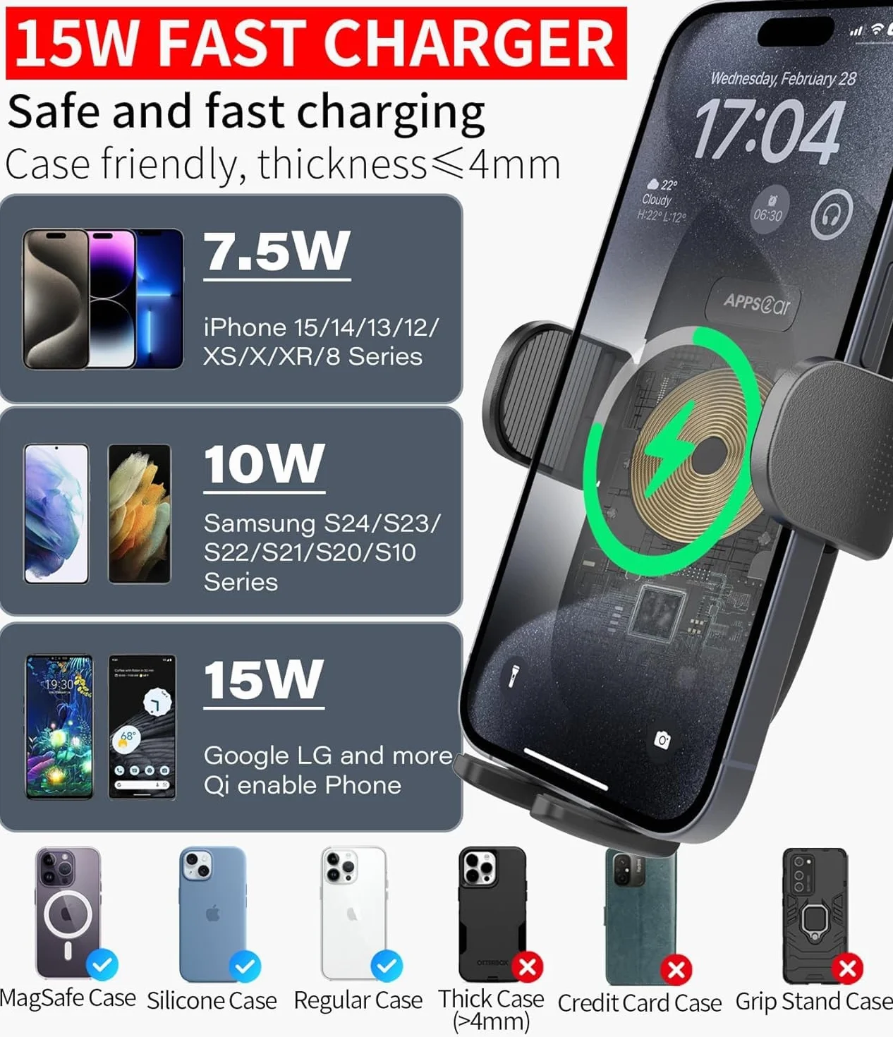 Apps2Car Samochodowy uchwyt na telefon komórkowy z funkcją ładowania, 15 W, szybka ładowarka samochodowa, uchwyt na kubek, ładowarka Qi, uchwyt na telefon z adapterem Qc 3.0, kompatybilny z iPhone'ami