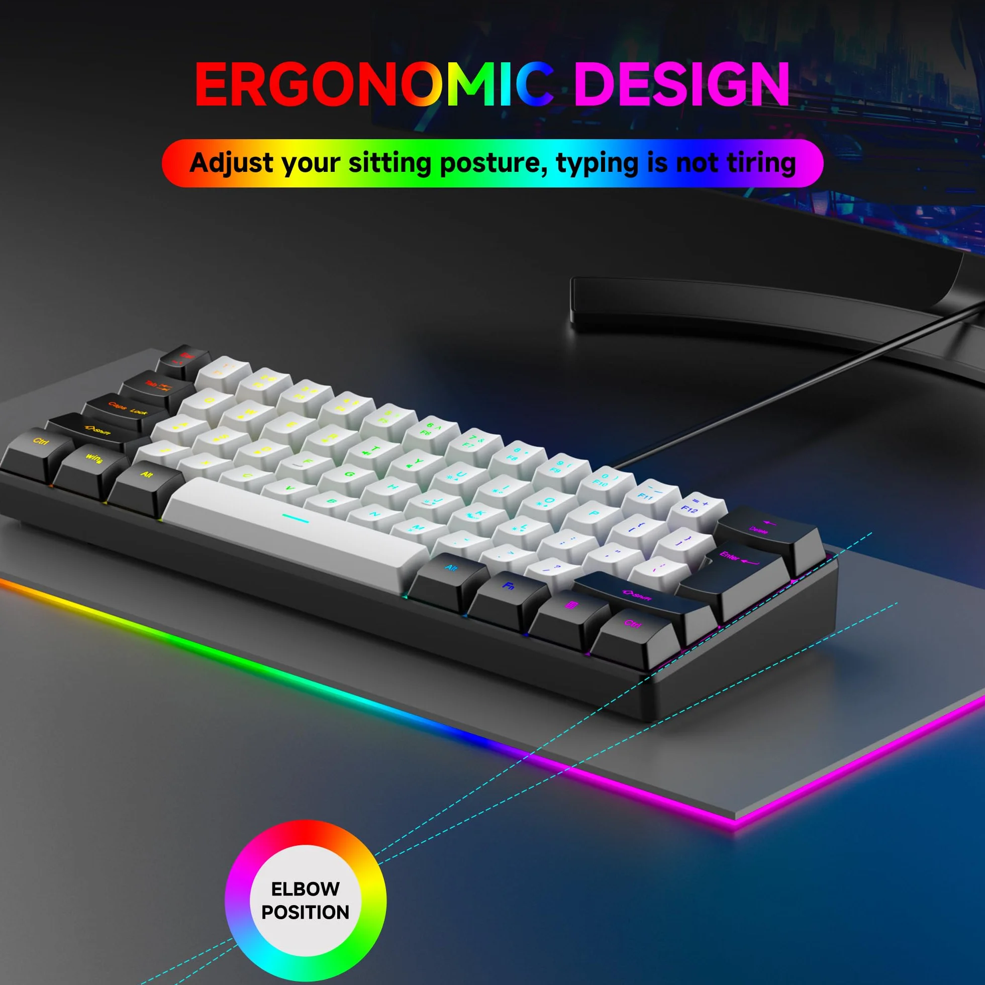 61-klawiszowa kompaktowa klawiatura do gier RGB, układ 60%, kompatybilna z USB-A i typu C, ergonomiczne klawisze membranowe, 8-kolorowe podświetlenie, Plug & Play, do PC/laptopa (Windows 10/8/7)