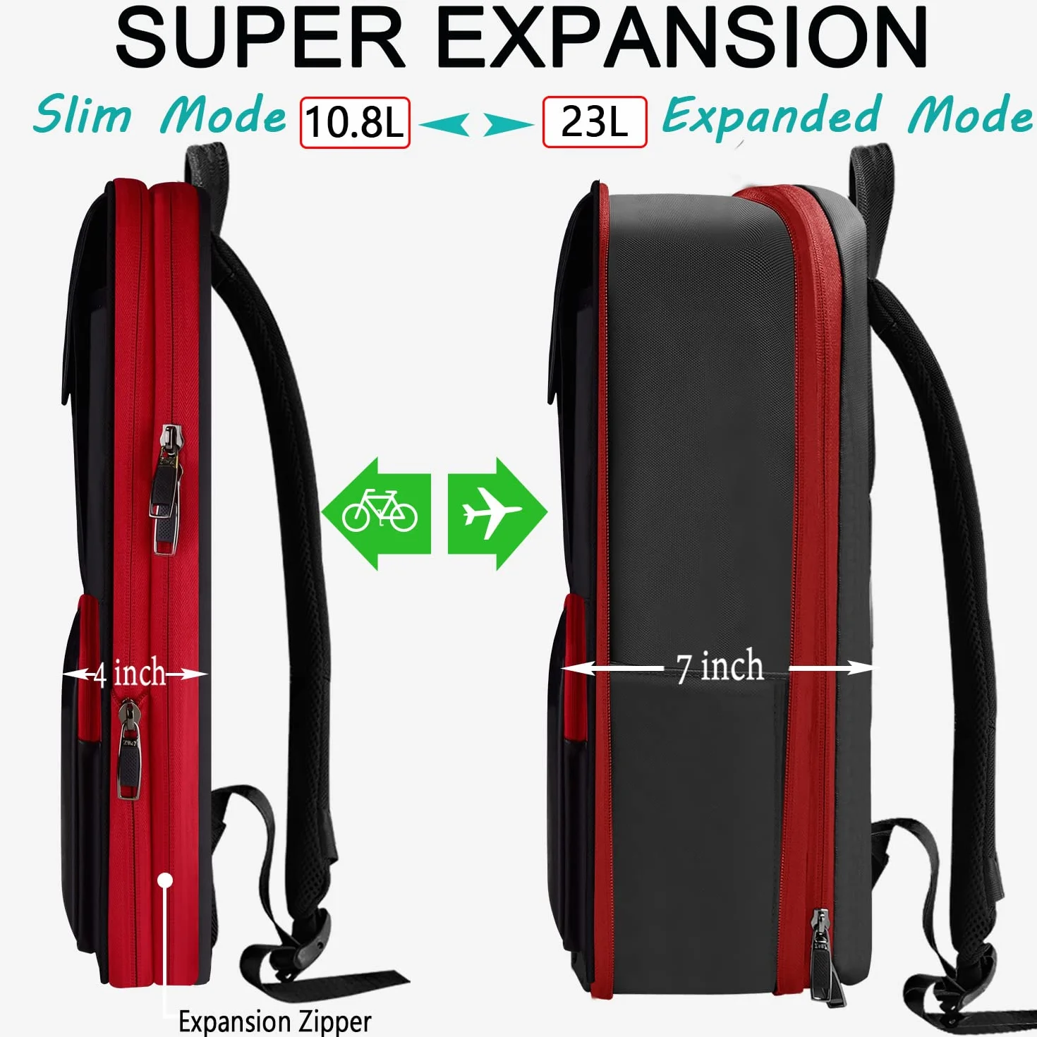 ZINZ Slim & Expandable 15 15.6 16 Inch Laptop Backpack for Business, Wodoodporny, antykradzieżowy plecak podróżny dla mężczyzn i kobiet,Czarny Czerwony