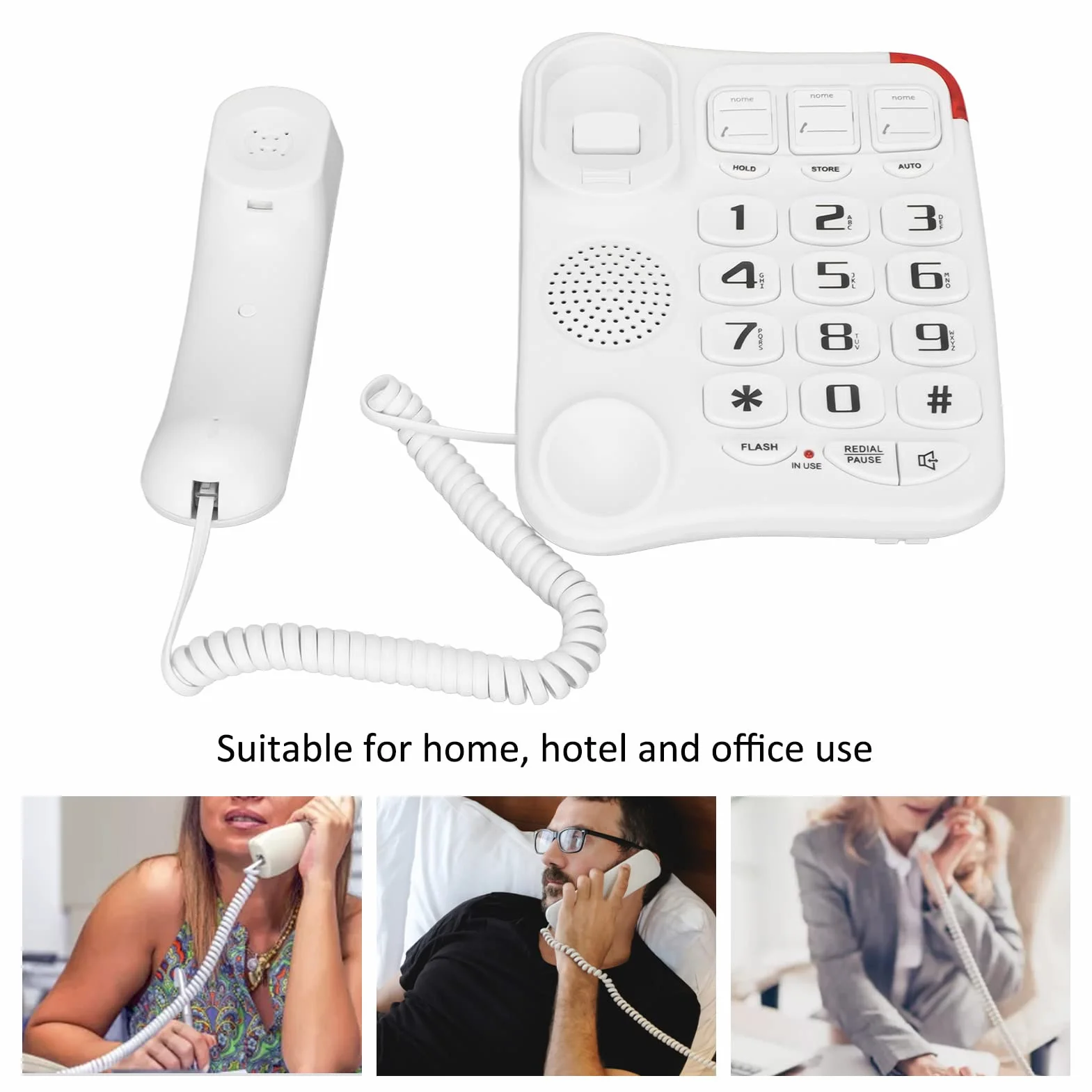 Telefon przewodowy z dużym przyciskiem dla seniorów, 3 klawisze obrazkowe, Wzmocniony telefon przewodowy, Wielofunkcyjny telefon z dużym przyciskiem dla osób starszych, Wybieranie jednoprzyciskowe
