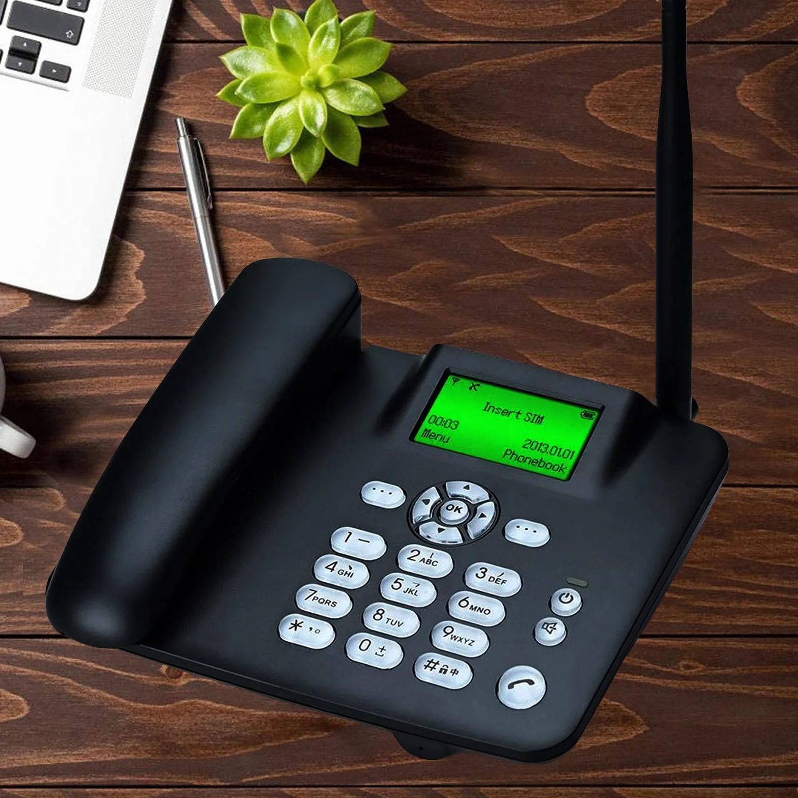 IBOWZ Czteropasmowy telefon stacjonarny gsm klasyczny telefon biurkowy, bezprzewodowa karta SIM telefon komórkowy gsm klasyczny stół, głośny dzwonek, widok identyfikatora dzwoniącego, do domowego