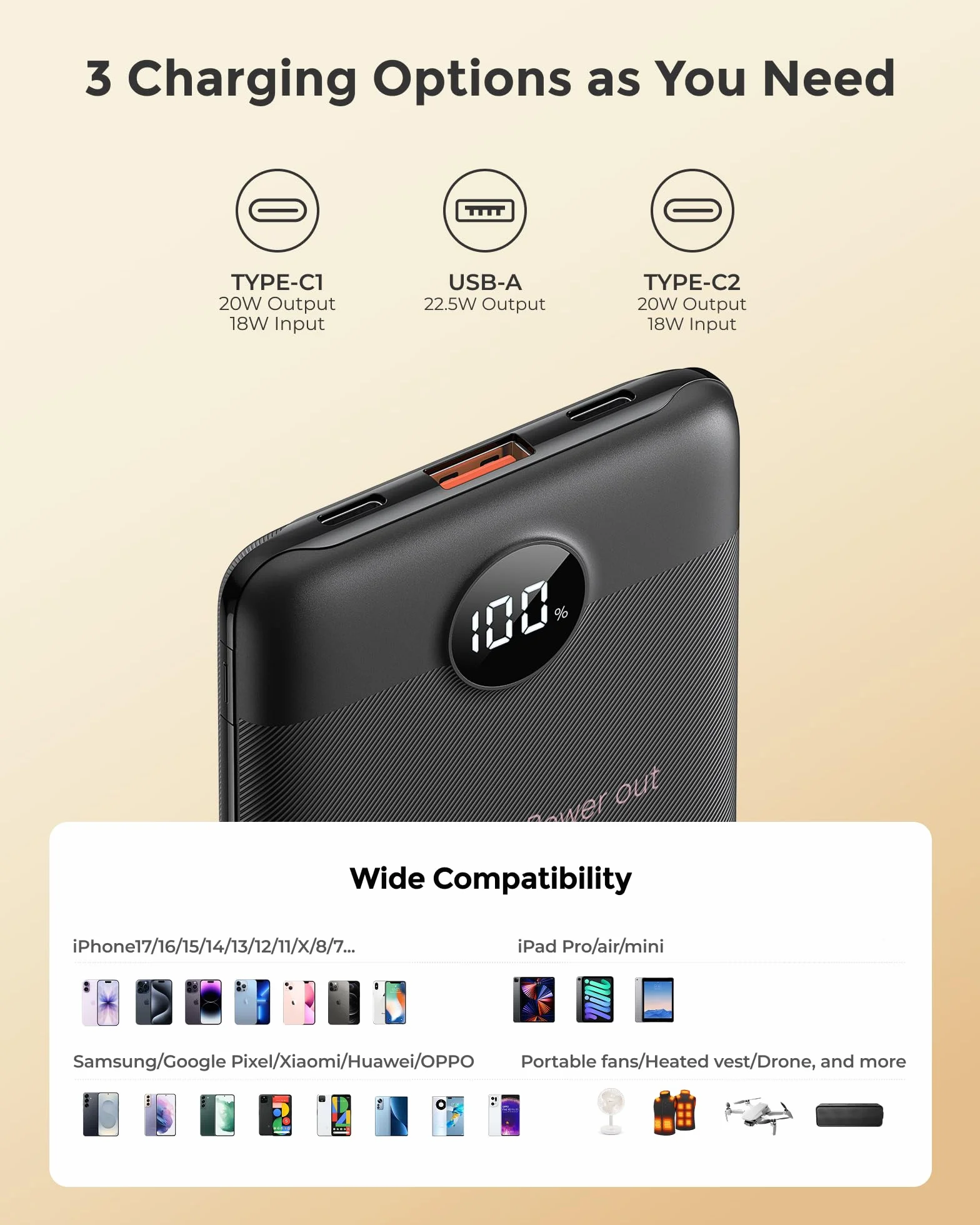 VEEKTOMX Mini Power Bank 10000mAh powerbank 22,5W PD QC3.0 Szybkie ładowanie USB C przenośna ładowarka z 2 wyjścia Ultra Compact Zewnętrzna Bateria Kompatybilny iPhone 15/Galaxy/iPad/Mini wentylator