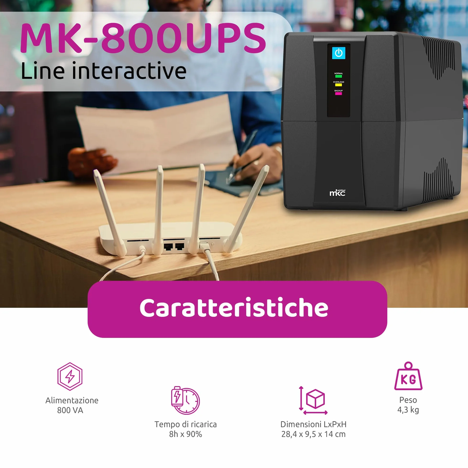 Zasilacz awaryjny UPS 800VA Line Interactive Melchioni MK | Ochrona przed awarią i skokami napięcia, gniazda Schuko, idealne do komputerów PC, routerów, rejestratorów, monitoringu wideo