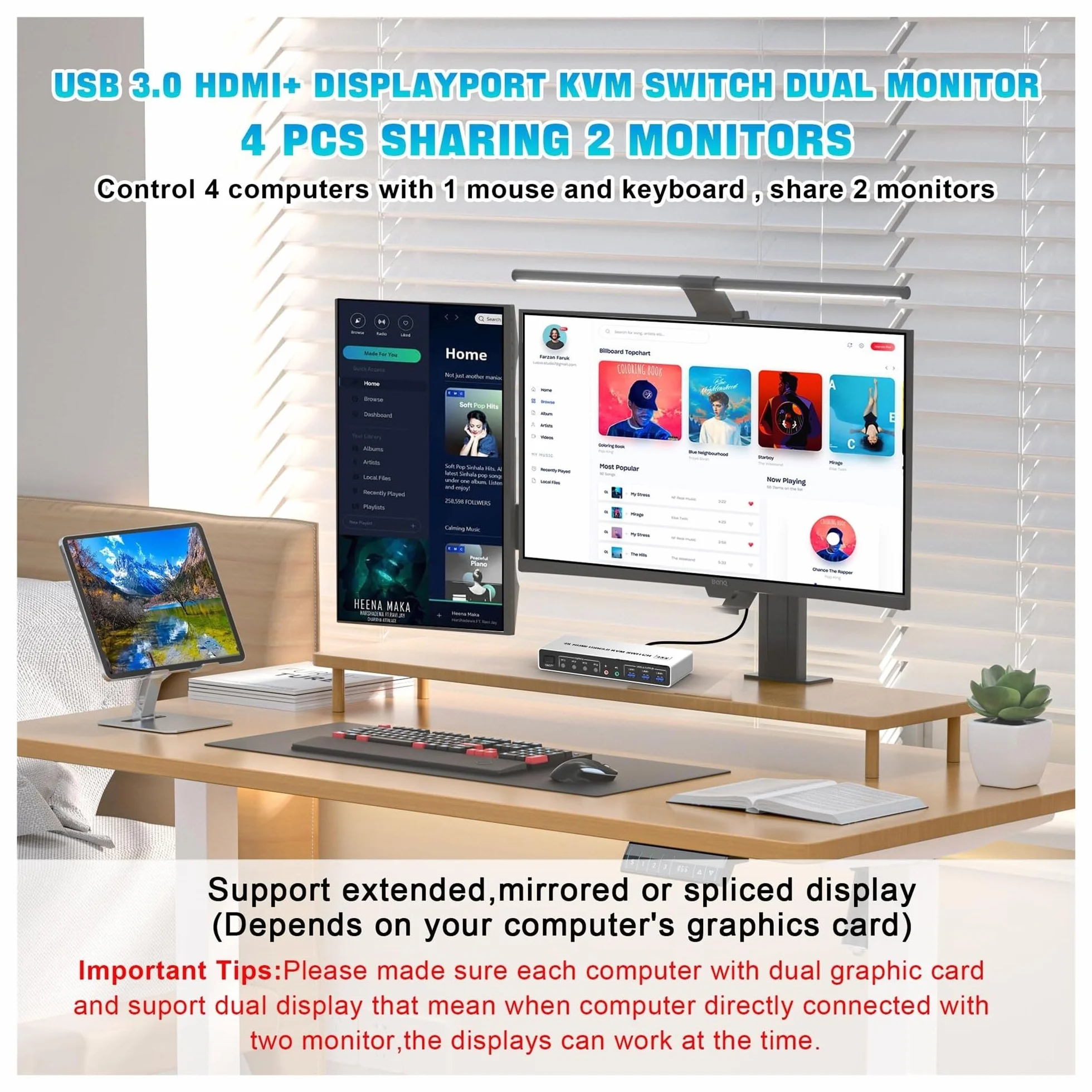 Konwertery wideo, 4K @ 60 Hz USB 3.0 Displayport + Przełącznik KVM 2 monitory 4 komputery, 4-portowy podwójny monitor + DP Przełącznik monitora dla 4 komputerów