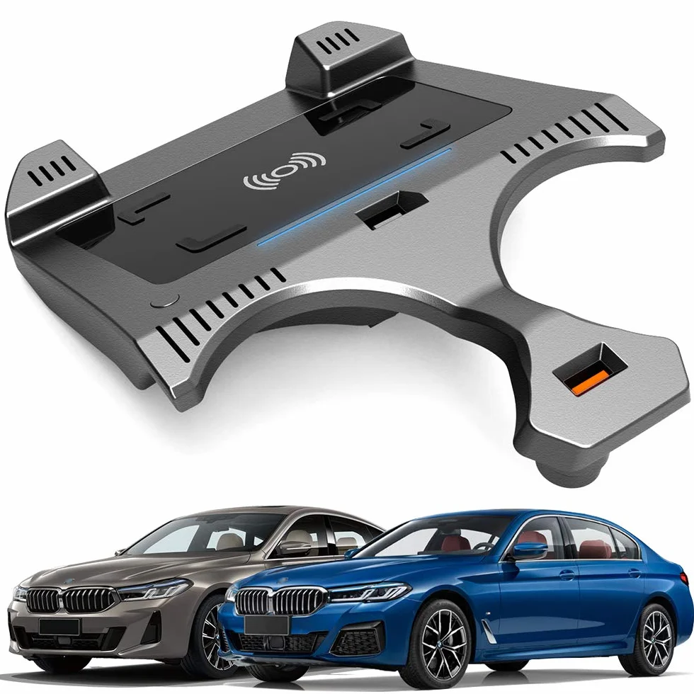 Bezprzewodowa ładowarka samochodowa do BMW serii 5 2018 2019 2020 2021 panel akcesoriów konsoli środkowej, 15 W Qi szybka ładowarka do telefonu z QC3.0 USB do iPhone 12/11/XS/X/8 Samsung