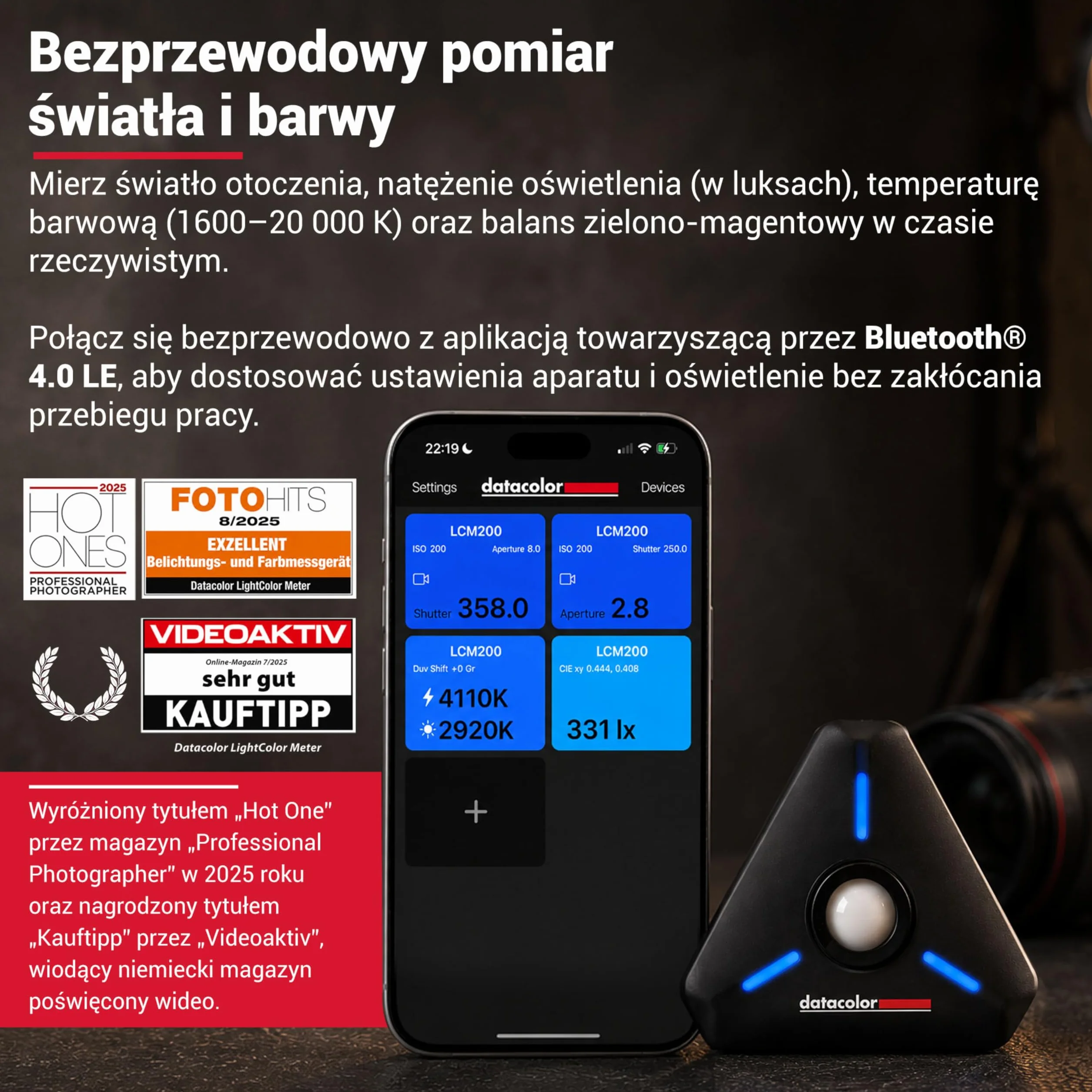 Datacolor LightColor Meter - Miernik światła i temperatury barw z obsługą Bluetooth do zdjęć, wideo i kina - Stałe przesyłanie danych w czasie rzeczywistym - przenośny, kompaktowy, odporny na upadki