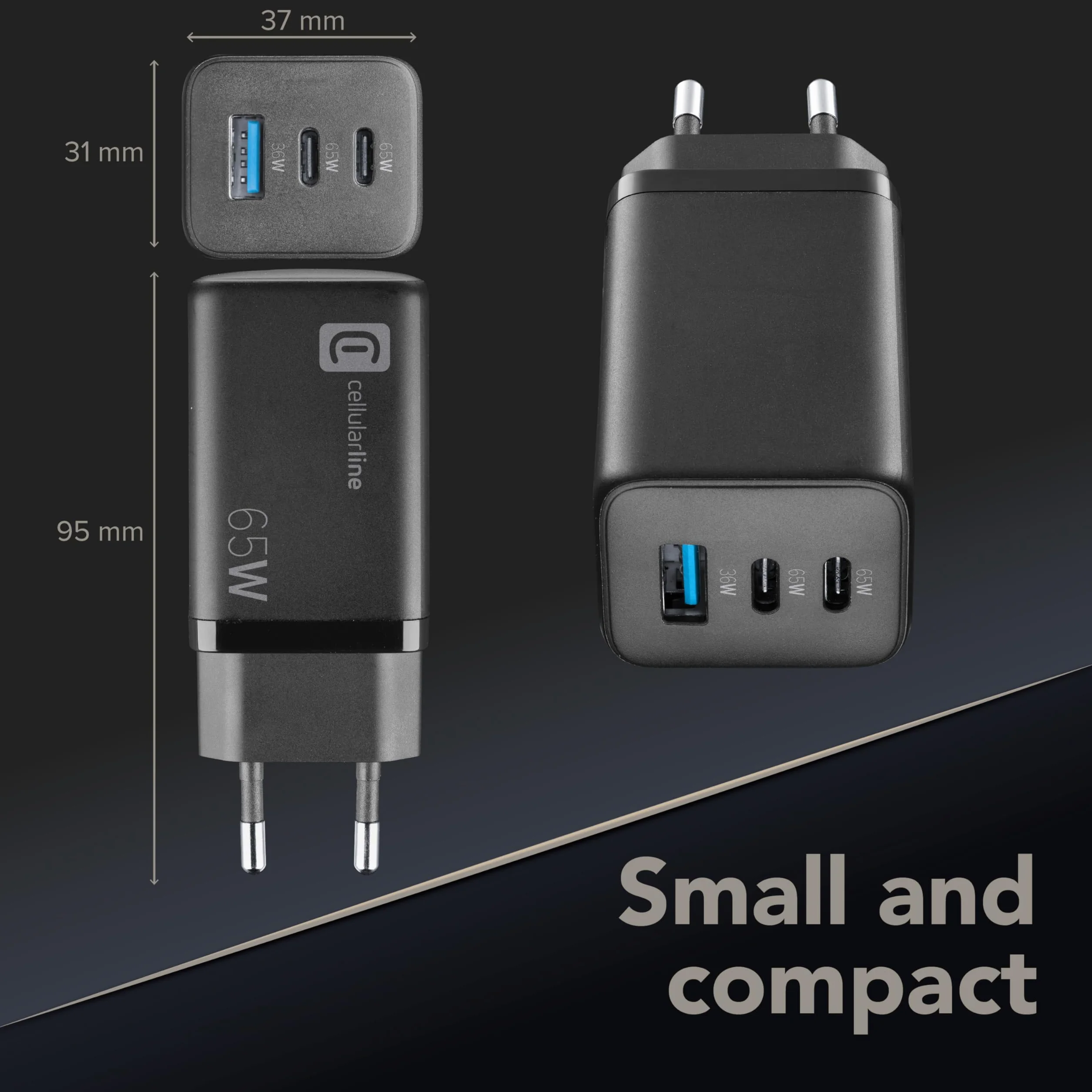 Cellularline | Multipower ładowarka Micro | Super Fast Charger 65 W z 3 portami USB-C z technologią Gan - kompatybilna ze smartfonem, iPhonem, tabletem, iPadem, laptopem i MacBookiem