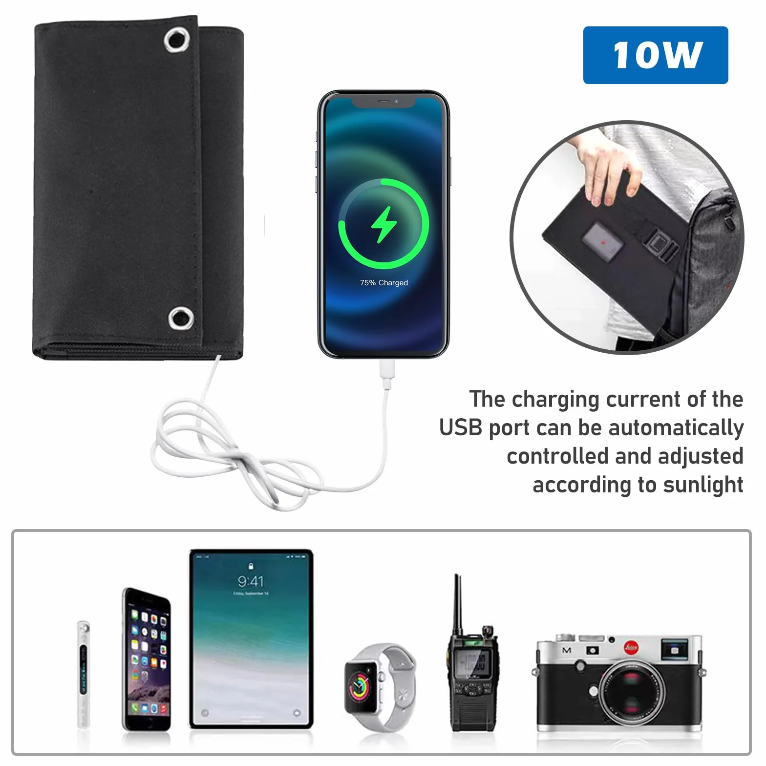 Składany panel słoneczny 10 W – przenośna ładowarka solarna 5 V, 2 USB, panel słoneczny, wodoszczelny, do aktywności na świeżym powietrzu, na kemping, do ładowania energią słoneczną, do telefonu