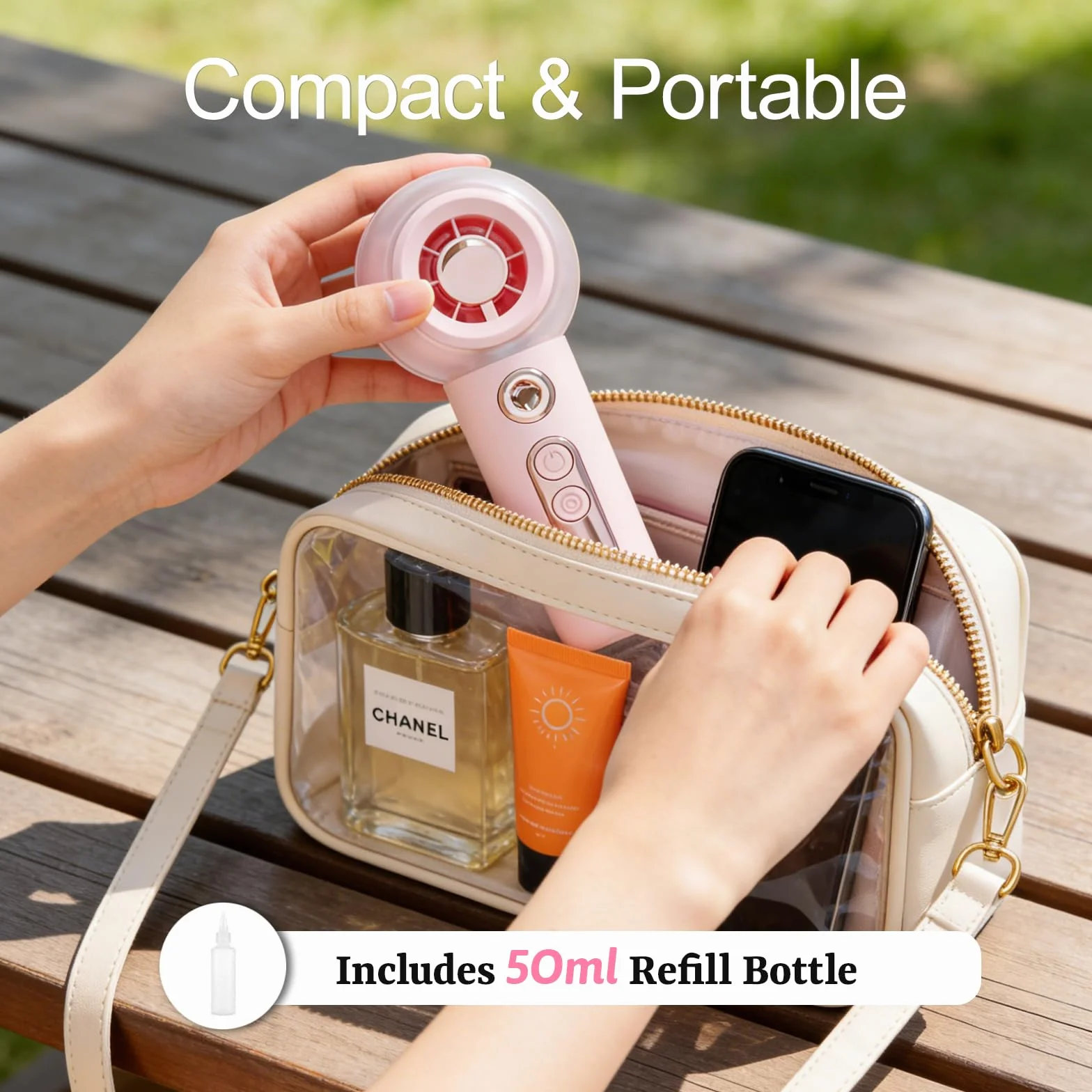 Gemmac Mini Przenośny Wentylator z Spray, Turbo Wentylator Ręczny USB z 2000 mAh Bateria/4 Prędkości, Różowy Pocket Fan dla Podróży Domu Biura na Zewnątrz Makijażu Odpowiedni dla Modnych Kobiet