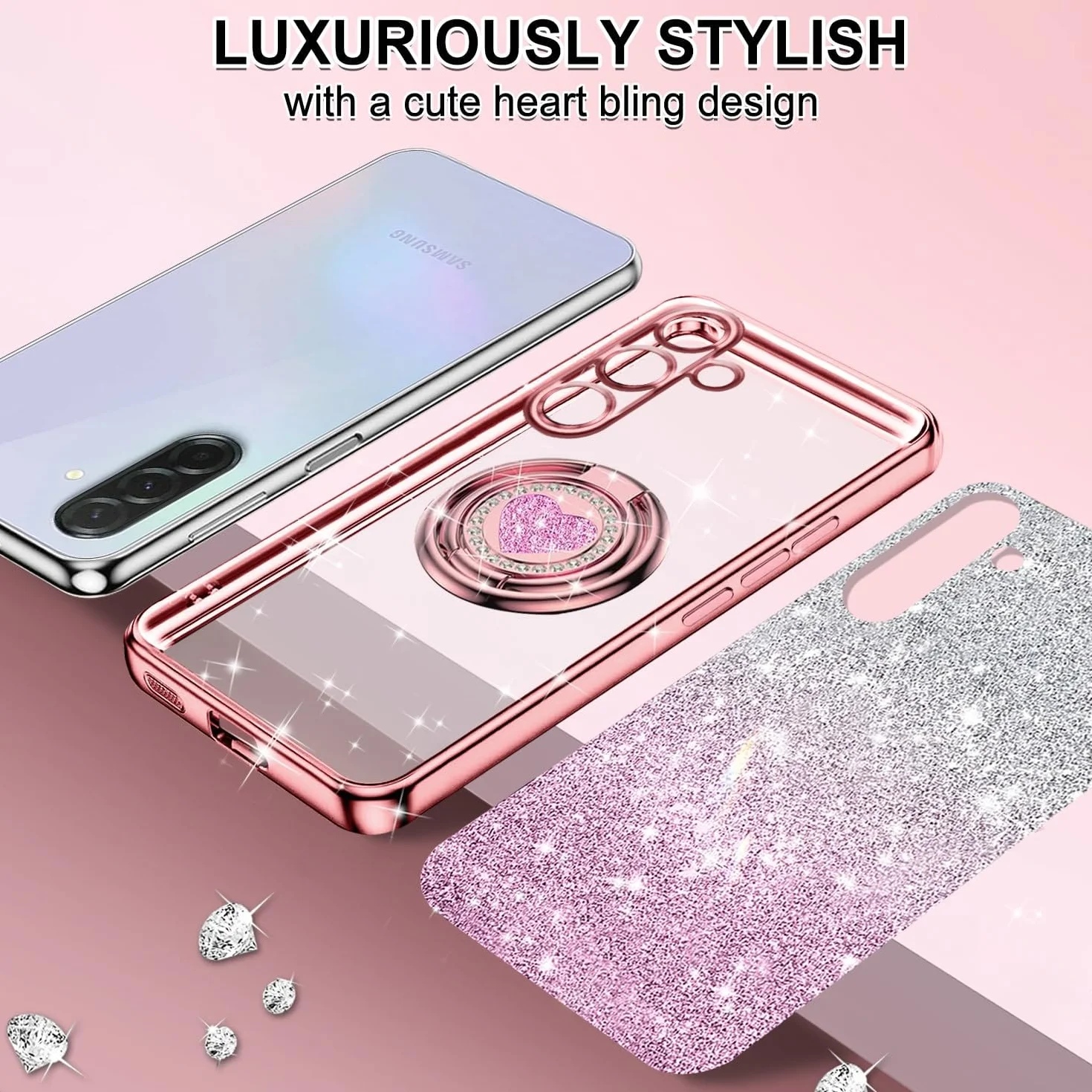 Tawarror Błyszczące etui ze sznurkiem do Samsung Galaxy A56 5G, Galvanisée silikonowe etui z sercem miłości, podwójny uchwyt na pierścień i regulowany naszyjnik pasek na szyję, różowe złoto
