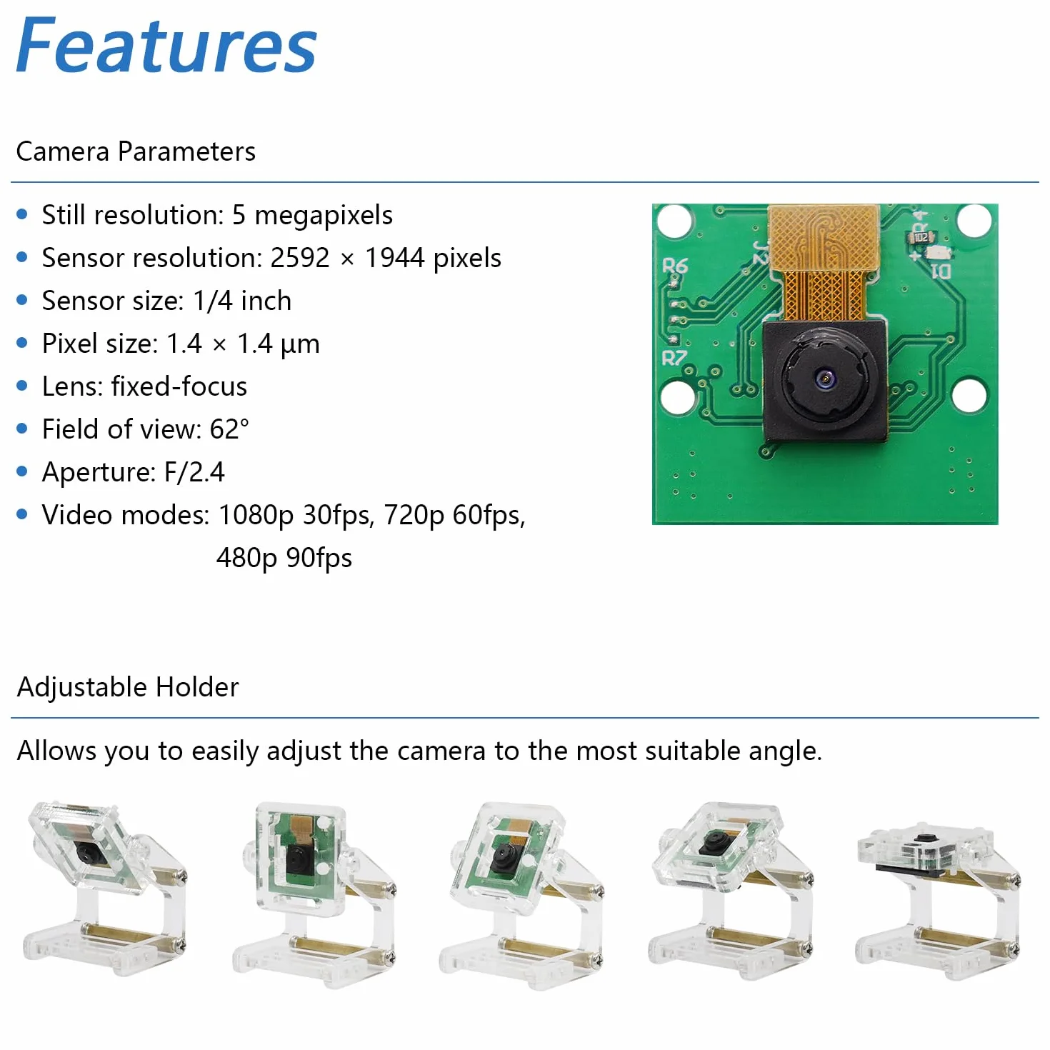Freenove 5MP Camera for Raspberry Pi 5 4 B 3 B+ A+ Zero 2 W with Adjustable Holder and Ribbon Cable, 62° Viewing Angle, 1080P 720P Output