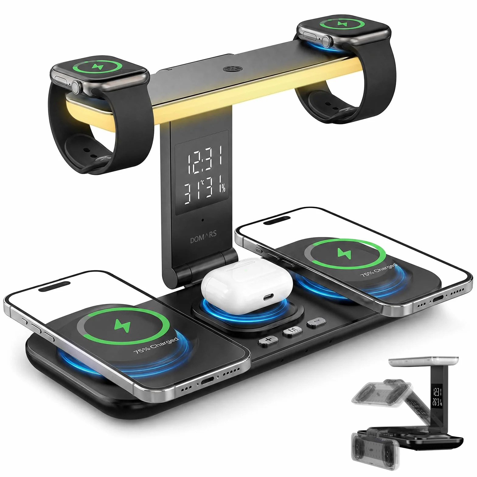 Stacja Ładująca Qi2 15W TEC Cooling 4 w 1, Składana Bezprzewodowa Ładowarka do iPhone 17/16/15/14/13, Apple Watch i AirPods, Lampka LED, Zegar Temp Wilgotności, Biurkowa Stacja Nocna，Czarny