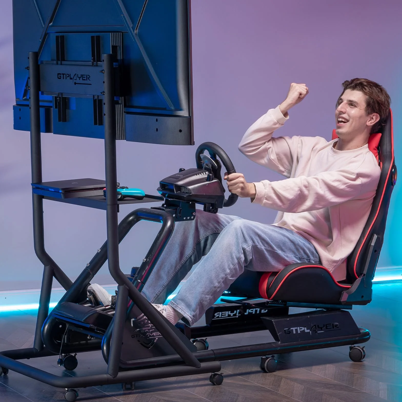 GTPLAYER Uchwyt na monitor do symulatora wyścigu, regulowana wysokość z kółkami do telewizorów i monitorów od 32 do 65 cali, uchwyt na pojedynczy ekran do symulacji kokpitu