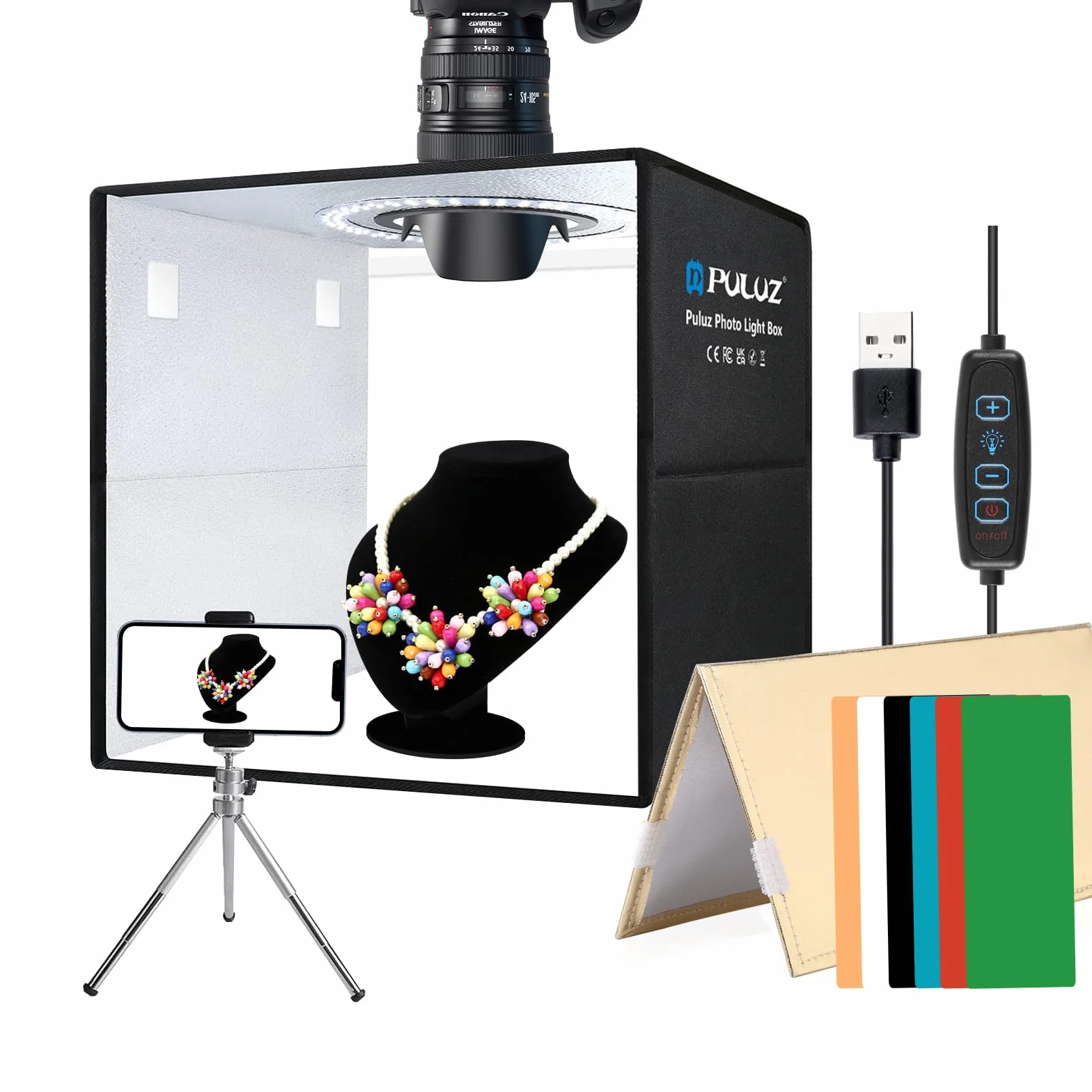 PULUZ Przenośna skrzynka oświetleniowa 30 cm × 30 cm, przyciemniana lampa do studia fotograficznego z 112 diodami LED o wysokim CRI i 6 tłami z PCW i 3 tablicami odblaskowymi do małych przedmiotów