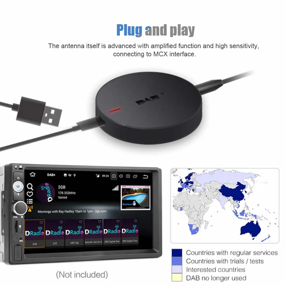 Odbiornik anteny radiowej USB DAB +, przenośny adapter Cyfrowy samochodowy odbiornik radiowy ze wzmocnioną anteną dla systemu Android 5.1 lub nowszego