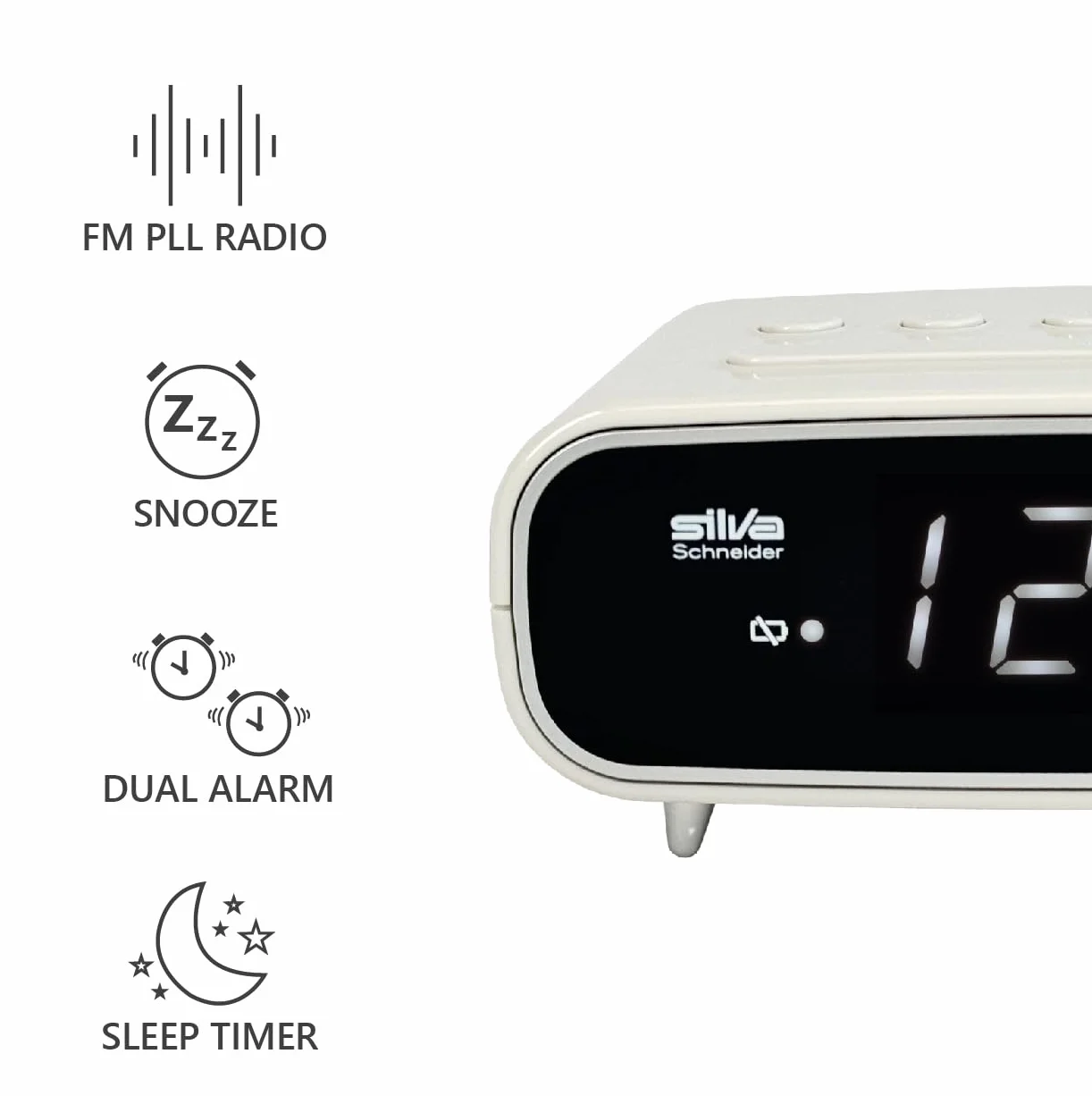 SILVA Schneider UR 1024 radio do zegarka z funkcją budzika, 2 czasy budzenia, powtarzanie budzika, timer zasypiania, wskaźnik LED, możliwość ściemniania, białe