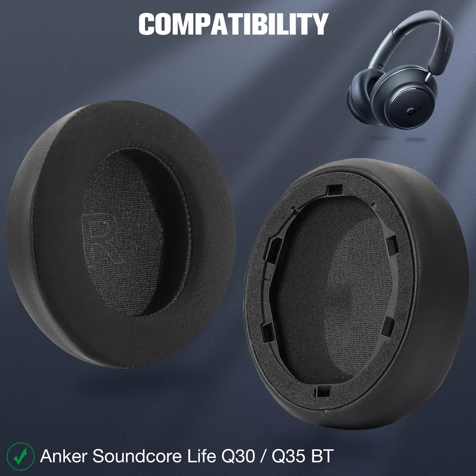 zapasowych słuchawek dousznych kompatybilne z Anker Soundcore Life Q30 Q35 Gamingowy zestaw słuchawkowy wykonane chłodzącego żelu, jedwabiu lodowego i pianki pamięcią kształtu, czarny