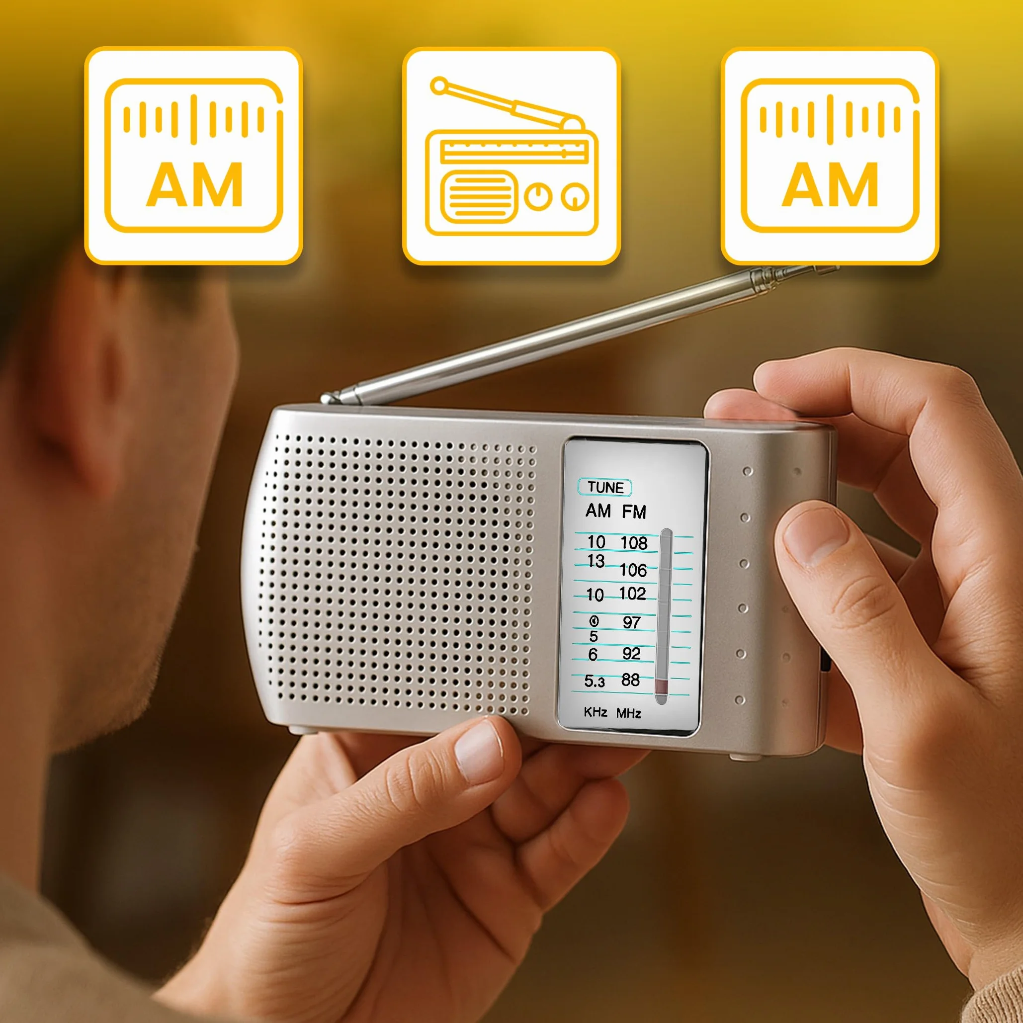 Retoo Przenośne radio FM AM SW z anteną teleskopową, głośnik 2,5", srebrne