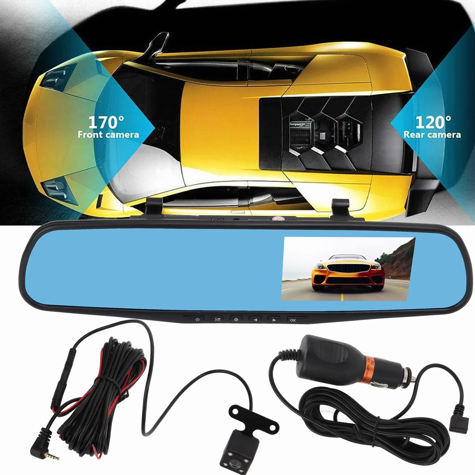 4,3-calowa kamera samochodowa z lusterkiem 1080P Kamera cofania w lusterku Podwójny rejestrator jazdy z monitorem parkowania i nagrywaniem w pętli Kamera cofania - obiektyw
