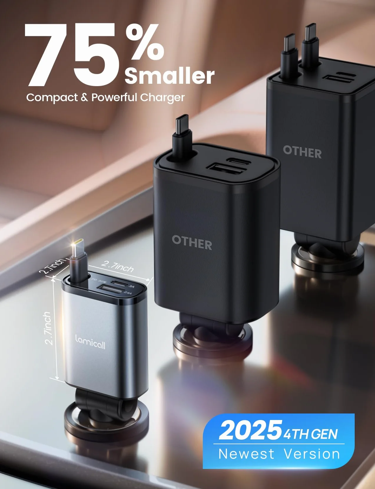Lamicall Wysuwany adapter ładowarki samochodowej 50 W, 3 w 1 z wysuwanym kablem USB