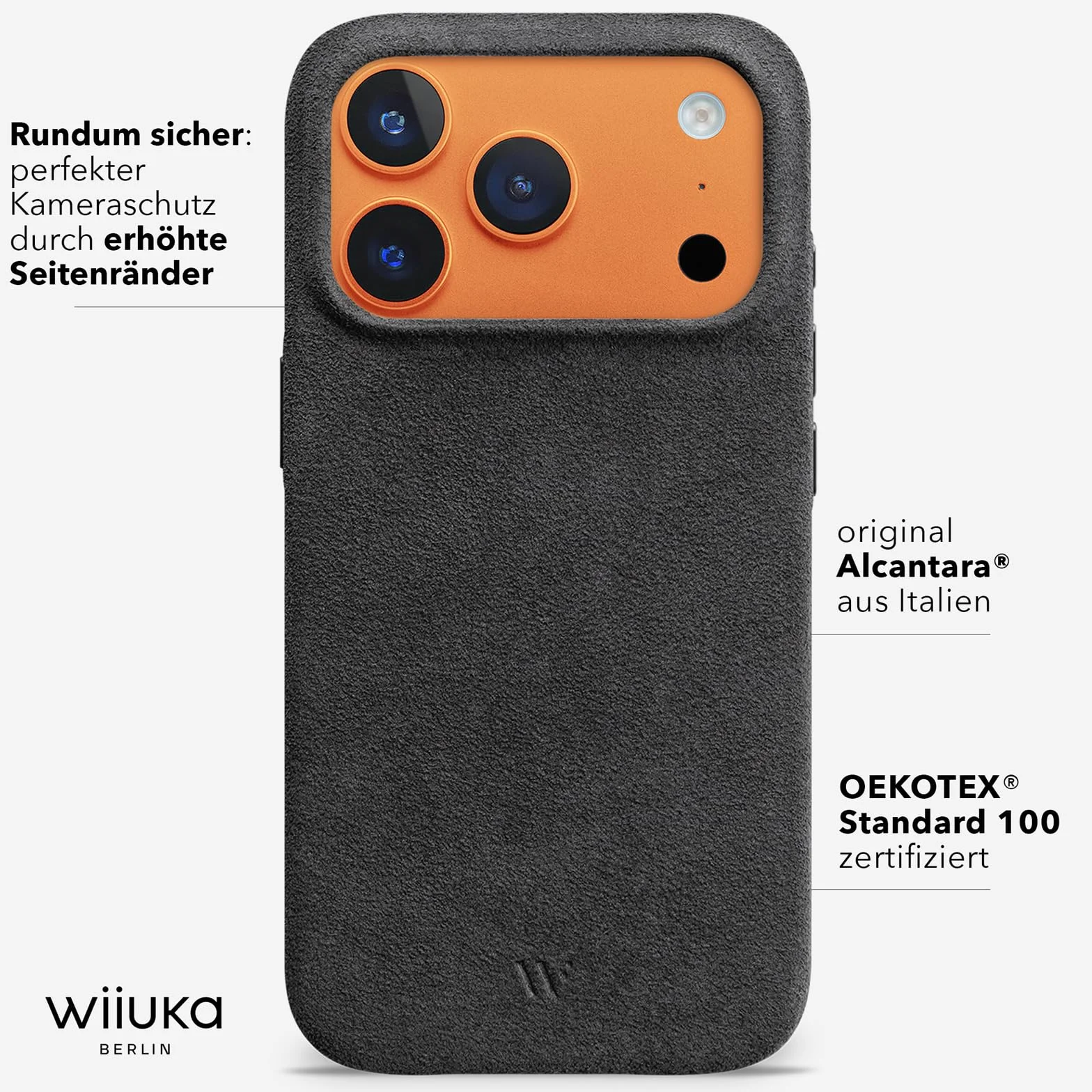 WIIUKA Etui do iPhone 17 Pro, oryginalne Alcantara, ręcznie wykonane, ochrona 360°, wyjątkowo smukłe, etui na telefon komórkowy, etui, Qi, alternatywa dla skóry, skiin VL Alcantara, Mystery Grey