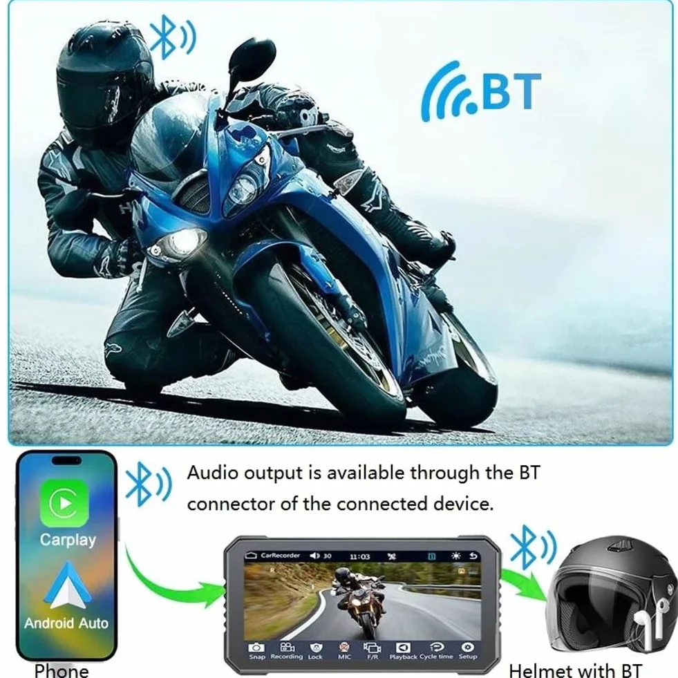 6,25 rejestrator motocyklowy, bezprzewodowy CarPlay do systemu Android, nawigacji GPS, Bluetooth, wodoszczelny ekran dotykowy
