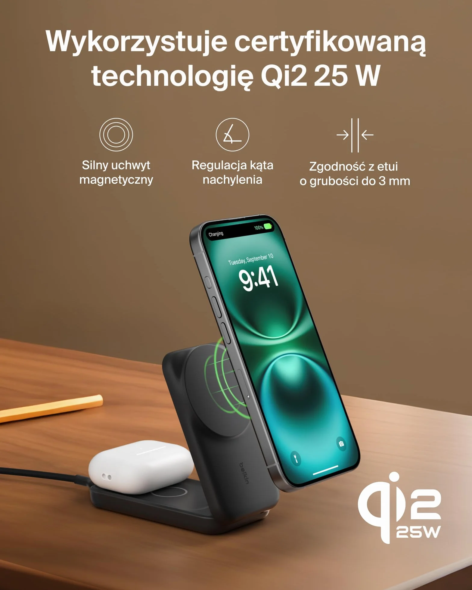 Belkin UltraCharge Qi2 25W Ładowarka Bezprzewodowa 2 W 1, Kompatybilna z MagSafe, Stacja Ładująca do IPhone 16, AirPods, Pixelsnap, Rozkładana Podstawka z Portem USB-C i Zasilaczem 45W, Czarna