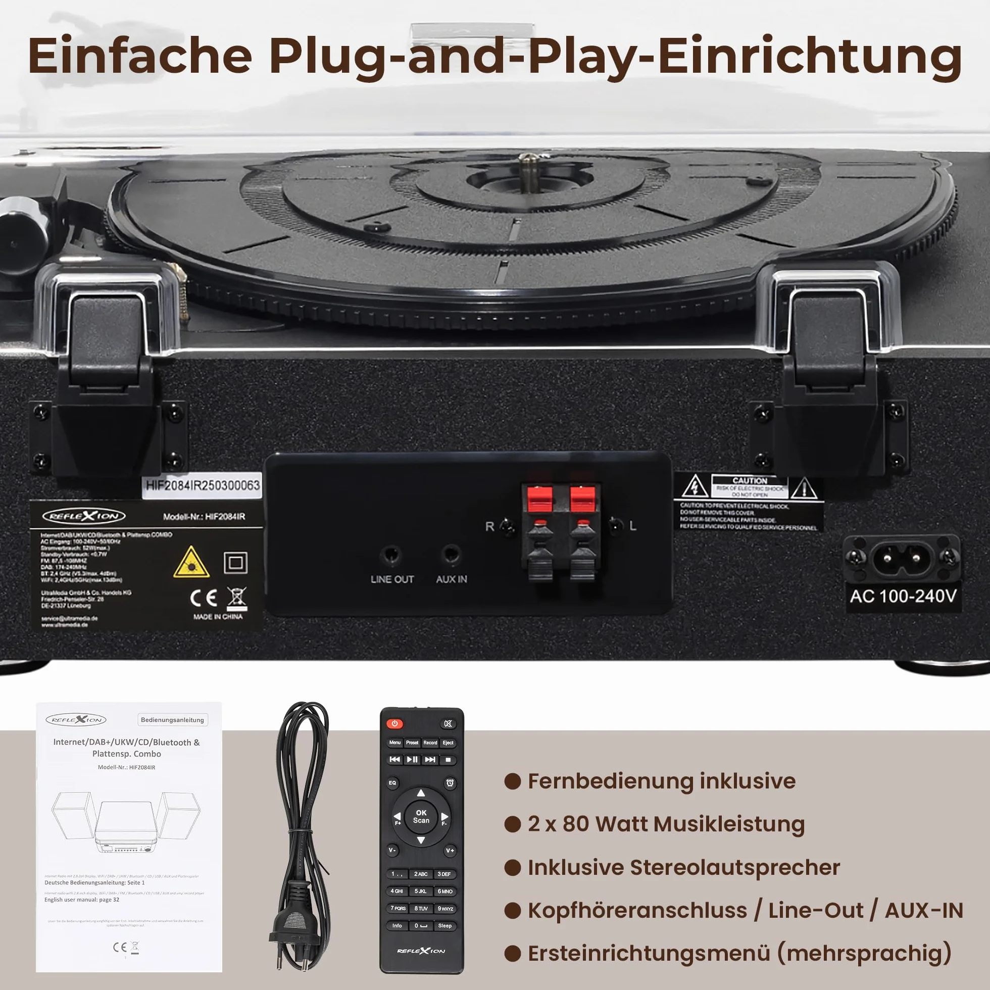 Reflexion Gramofon z głośnikiem i wi-fi; retro system HiFi z DAB+, radio internetowe, Bluetooth, CD, nagrywanie MP3 USB, kolorowy wyświetlacz, budzik i timer snu – kompletny system z pilotem zdalnego