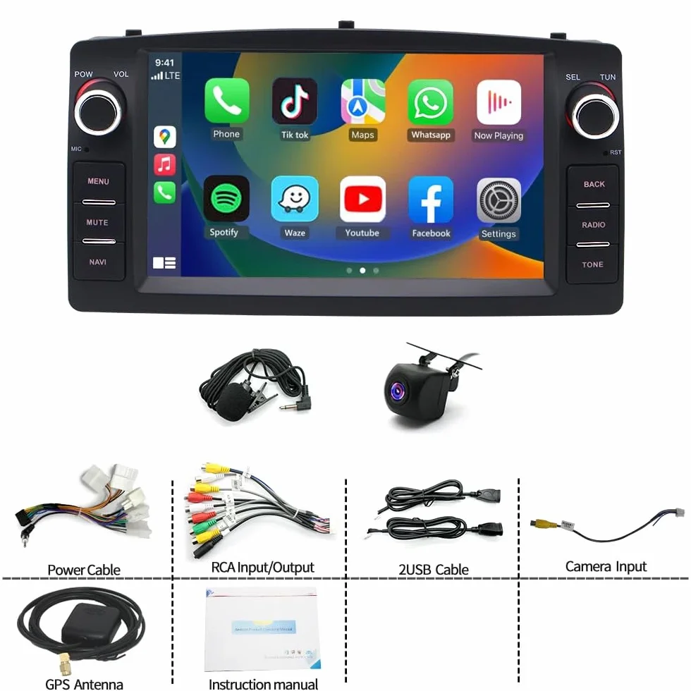 4+64G Android Double Din Radio dla Toyoty Corolla 2000-2006 z bezprzewodowym Carplay Android Auto, 7-calowym ekranem dotykowym, nawigacją Bluetooth, kamerą cofania AHD, GPS, WiFi, FM RDS SWC