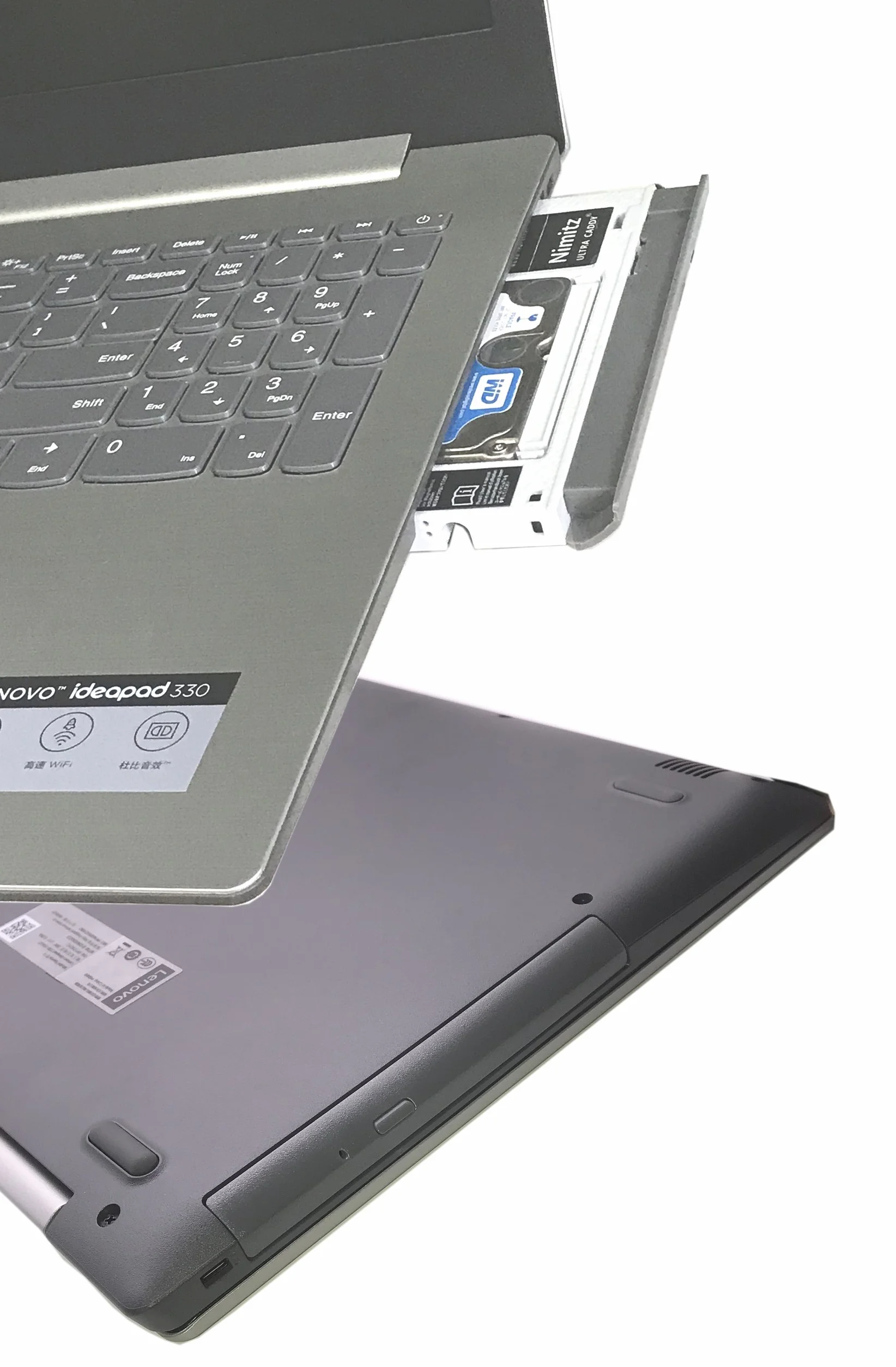 Dysk twardy Caddy na drugi dysk twardy/SSD, do Lenovo Ideapad 320 / 330 / 520 z panelem przednim, szary