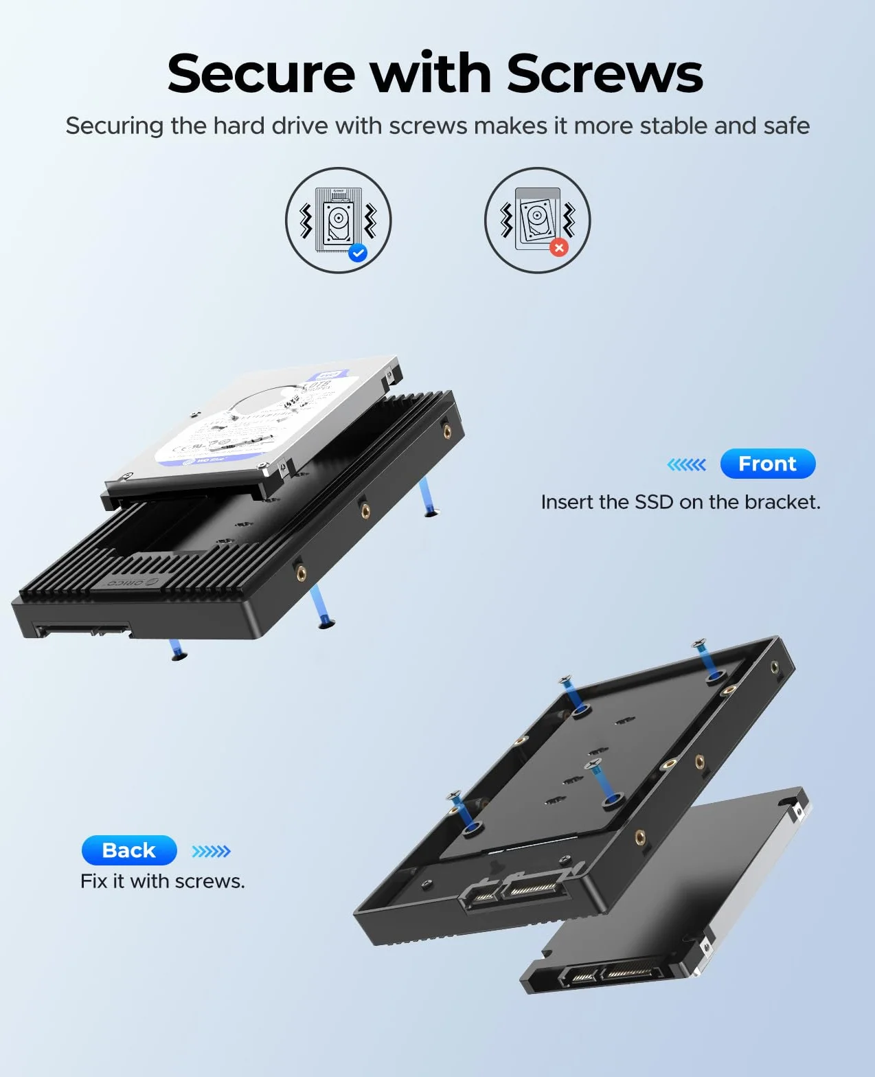 ORICO Adapter dysków twardych 2,5 cala na 3,5", ramka montażowa konwertera, ramka wymienna do 2,5-calowego dysku twardego SATA HDD lub SSD 7/9,5/12,5 mm (D2SS)