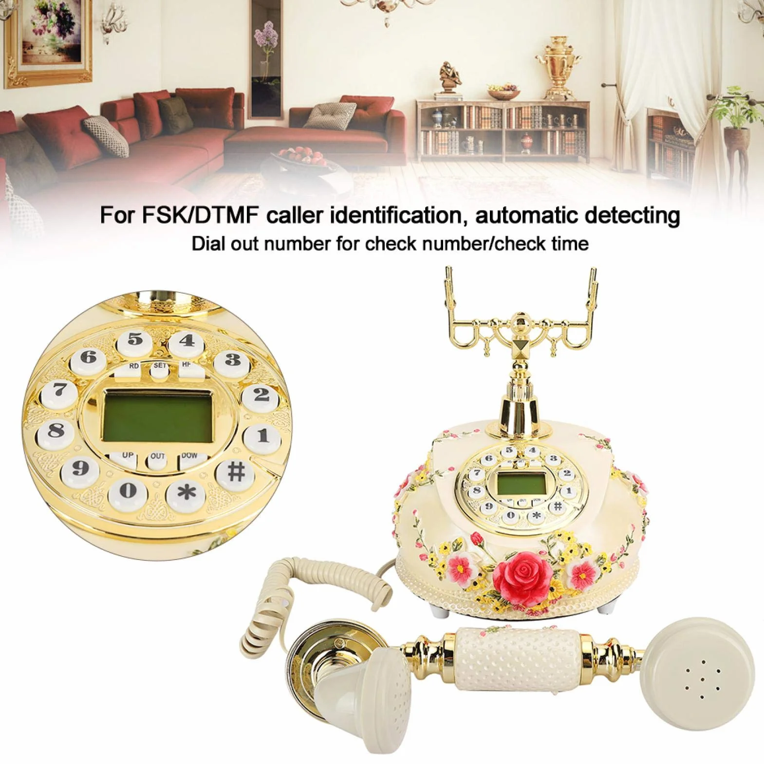 Telefon w stylu retro vintage, klasyczny telefon biurkowy w stylu retro pasterskim z klasycznym metalowym dzwonkiem, przewodowy telefon stacjonarny z wyświetlaczem LCD do domu, biura, hotelu, galerii