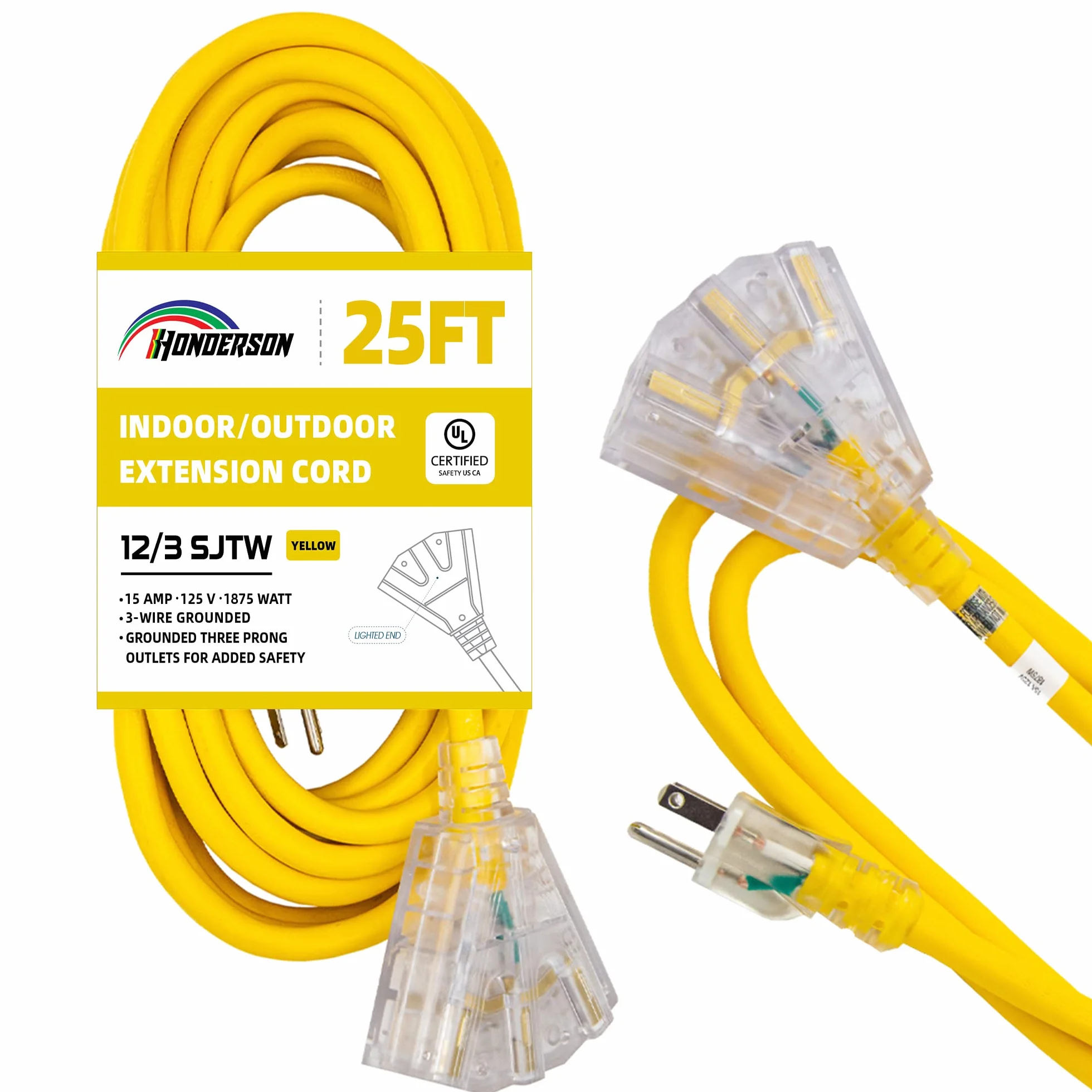 Podświetlany zewnętrzny przedłużacz z 3 wyjściami prądu, 12/3 SJTW Heavy Duty żółty przedłużacz z 3 końcówkami z wtyczką uziemiającą dla bezpieczeństwa, lista UL