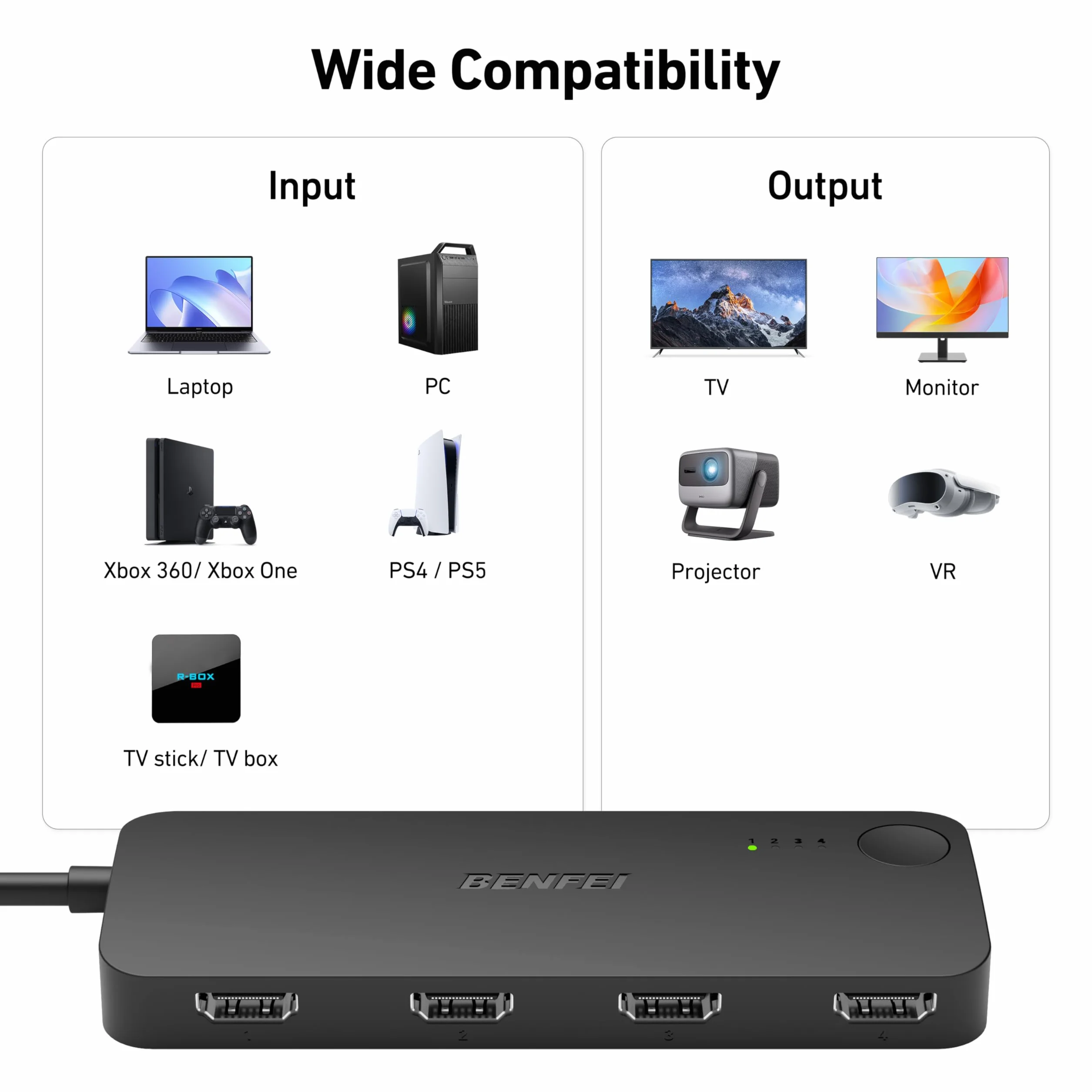Przełącznik BENFEI HDMI 4 w 1 wyjściu 4K@60Hz, 2 K@144 Hz, HDCP 2.3 【Z obsługą adaptacyjnej korekcji Transmisja HDMI na odległość 30 stóp】 Kompatybilny z PS5/4, Xbox, Roku, FireStick, Switch