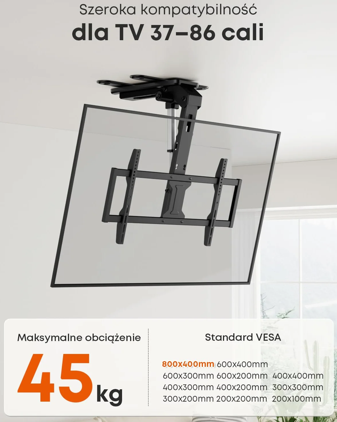 Elektryczny Uchwyt Sufitowy do TV Flip Down – Zmotoryzowany Uchwyt TV 37–86 Cali z Pilotem, Maks. Obciążenie 45 kg, VESA do 800x400 mm, Czarny