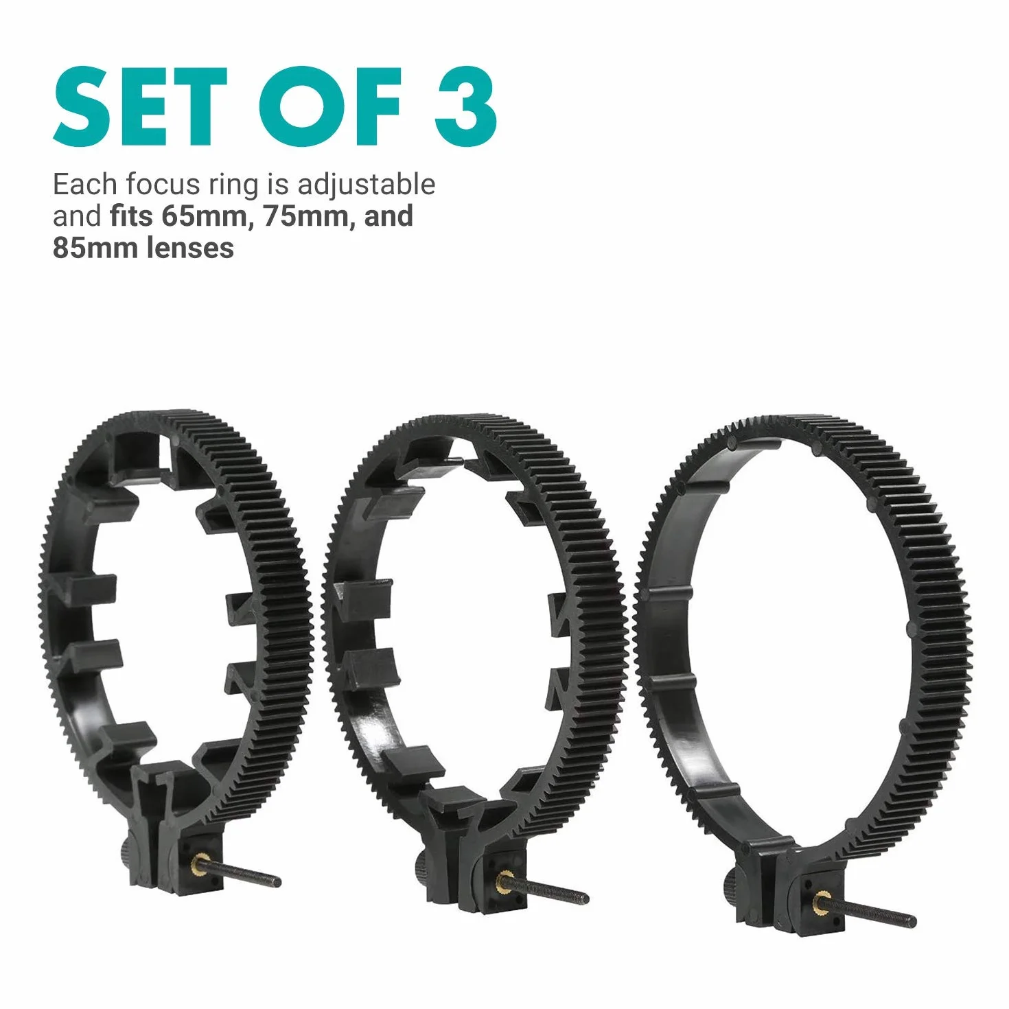 Movo FR3 Regulowany 3-częściowy zestaw przekładni pierścieniowej Follow Focus, zawiera pierścienie obiektywu 65 mm, 75 mm i 85 mm (standardowy skok 32-0,8 mod)