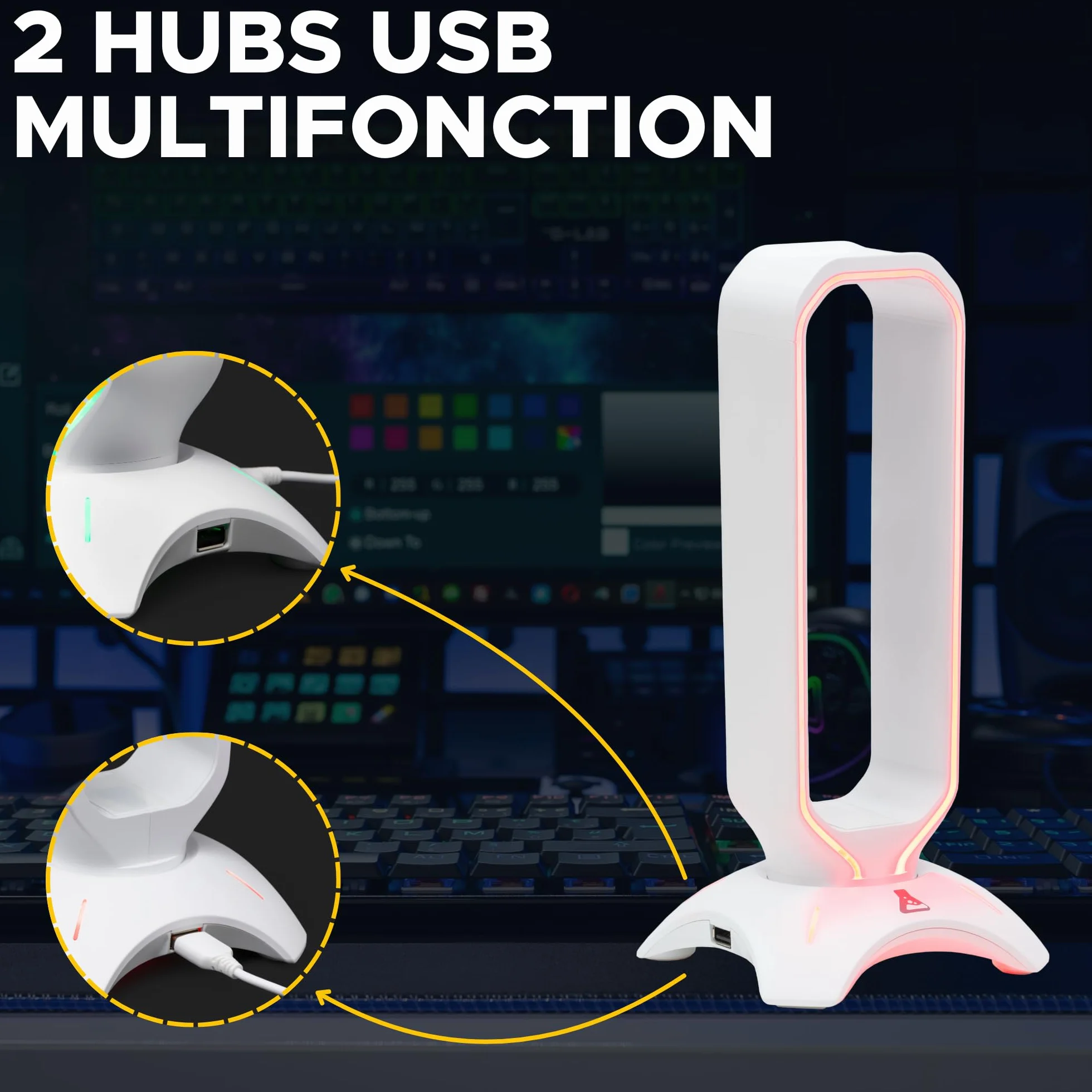 G-Lab K-Stand Radon - Podświetlenie RGB, hub USB 2 x 2.0, antypoślizgowa podstawa - Uniwersalny uchwyt do słuchawek i mikrofonu do gier - Biały