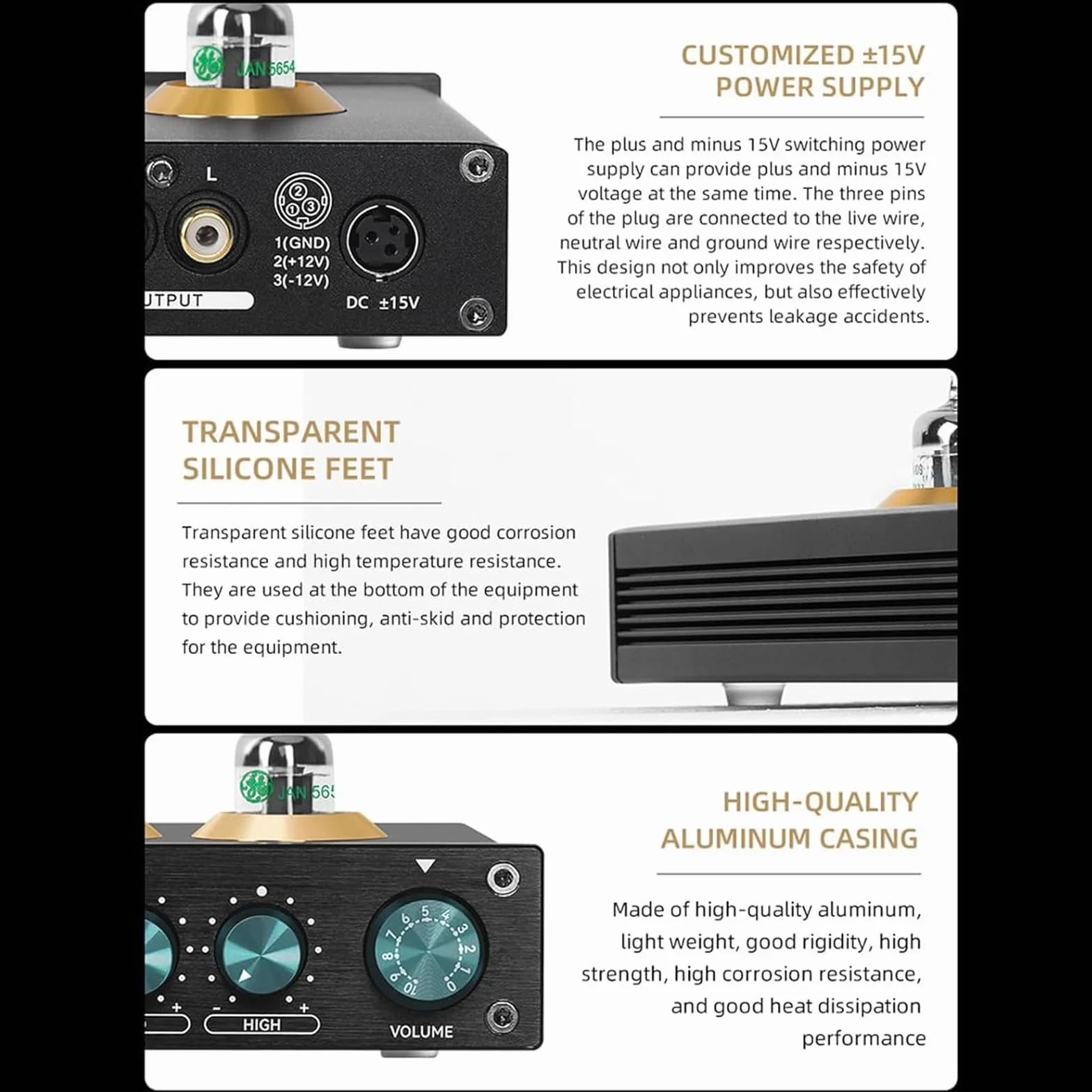 Przedwzmacniacz lampowy HiFi, 2-kanałowy wzmacniacz stereo z lampą próżniową, 3 regulowane ustawienia korekcji dla głośników półkowych, telewizora i odtwarzacza CD
