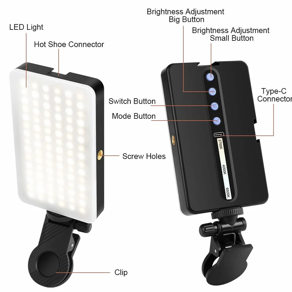 LOPHE 90 LED światło wideo, 3 tryby świecenia i 9 poziomów jasności, 2700 K - 6500 K, do selfie, komórki, tabletu i aparatu, z klipsem i gorącą stopką, do ponownego ładowania, czarne i białe