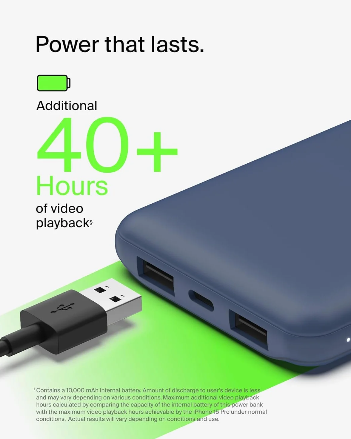 Belkin BoostCharge Przenośny powerbank USB-C 10K z 1 portem USB-C, 2 portami USB-A i kablem USB-A – USB-C, do urządzeń iPhone 15, 15 Plus, 15 Pro, 15 Pro Max, Samsung Galaxy S24 i innych – Niebieski
