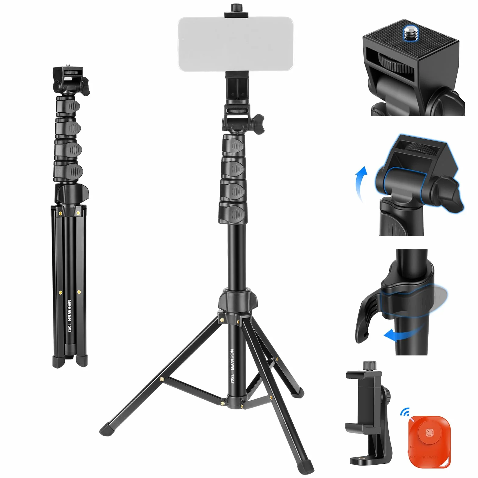 NEEWER BASIC TS03 Statyw do telefonu iPhone i aparatu z pilotem i uchwytem na telefon, metalowy kij do selfie, podróżny vlog, stojak na telefon komórkowy, przenośny uchwyt na telefon komórkowy do