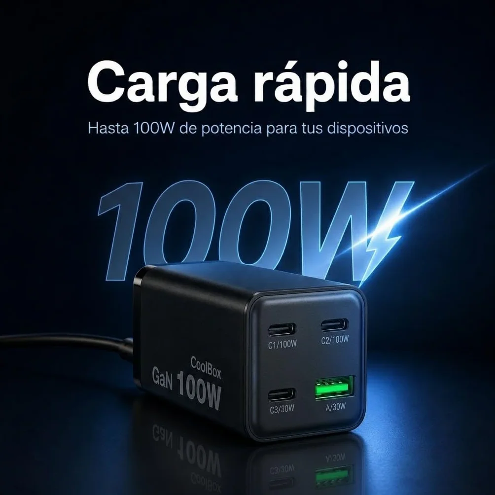 CoolBox Ładowarka 100 W USB C GAN, szybkie ładowanie 4 porty (3 porty USB-C + USB-A), Power Delivery PPS, kompatybilna z MacBookiem, iPadem, iPhone 17/16/15, Samsung Galaxy, Pixel i Steam Deck