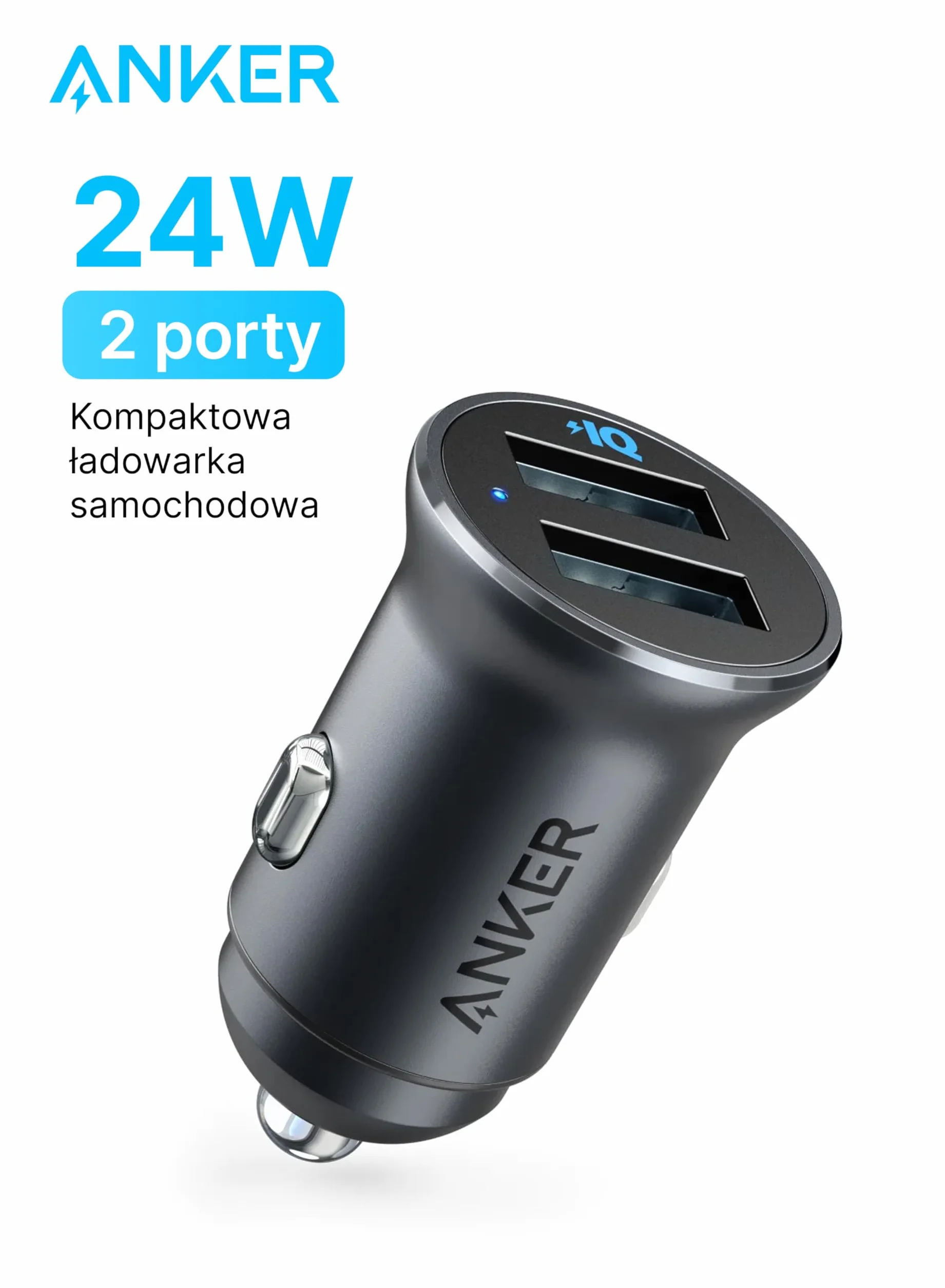 Anker 320 Ładowarka samochodowa (24W II), mini, podwójne USB z niebieską diodą LED, do iPhone13/12/11/XR/Xs, iPad Pro/Air 2/mini, Galaxy i więcej