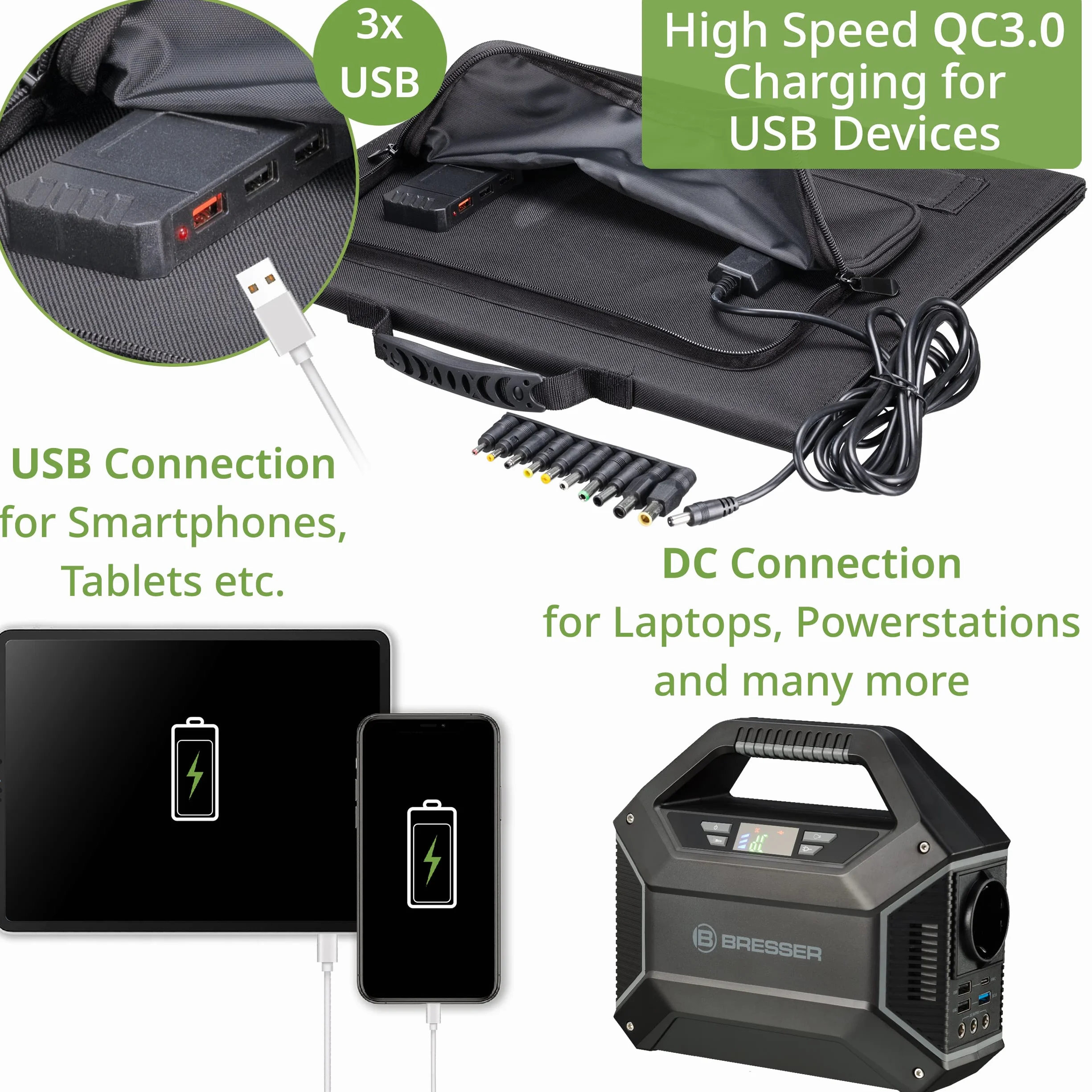 Bresser Ładowarka solarna 40 W z 1 portami DC i 3 portami USB-A wraz z gniazdem USB A z QC3.0 do szybkiego ładowania, panel słoneczny jako ładowarka do smartfonów, powerbanków itp. | 3 porty USB A z QC3.0, wyjście DC 18 V z adapterami, ogniwa monokrystali