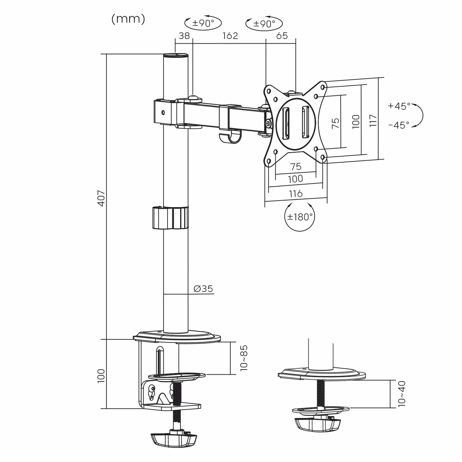 Maclean MC-572N uchwyt do monitora 17-32", VESA 75x75 100x100, ramię z przegubem, regulacja wysokości, obrotowy, 9 kg