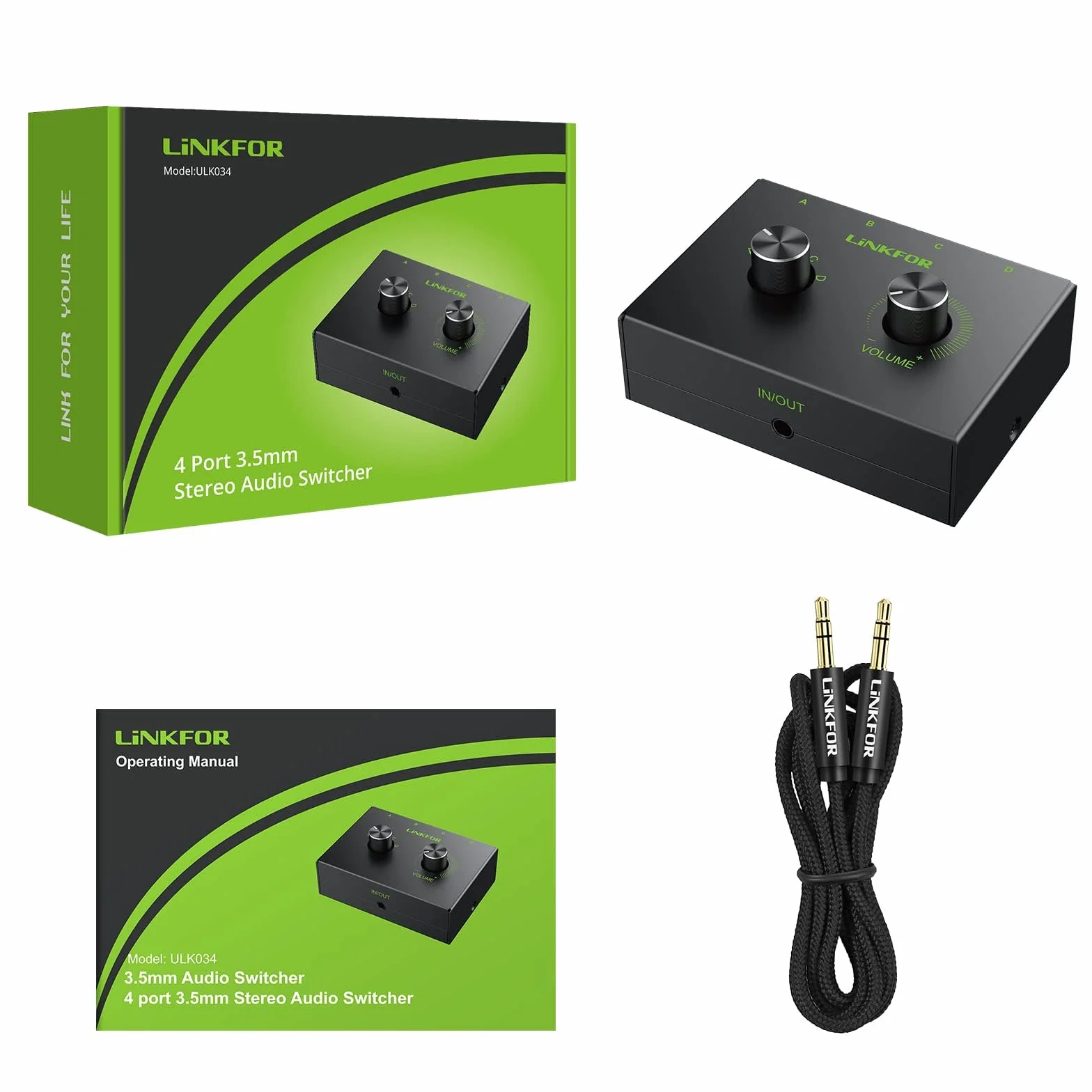 LiNKFOR 4-portowy przełącznik audio stereo 3,5 mm z regulacją głośności, dwukierunkowy przełącznik 1 w 4 wyjścia lub 4 w 1 wyjście AUX do słuchawek, głośników, komputera, laptopa, smartfona - nie