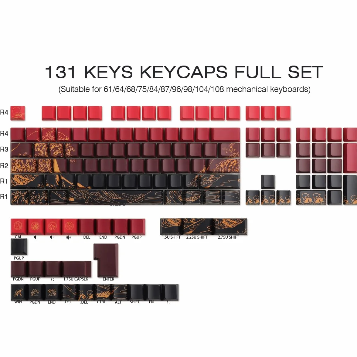 PBT Custom Keycaps, 131 Red Ukiyo-e Keycap Cherry Profile Dye-Sublimation Shine-Through Side Engraved Transparent Keycaps for Cherry Gateron MX Switches Mechanical Keyboards