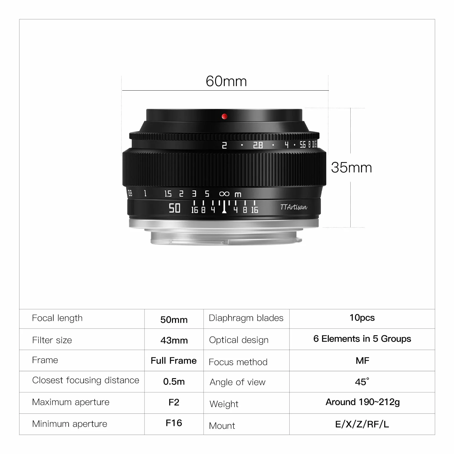 TTARTISAN 50 mm f2 Full Frame Ręczna regulacja ostrości obiektyw aparatu do montażu L-Mount (L-Mount)