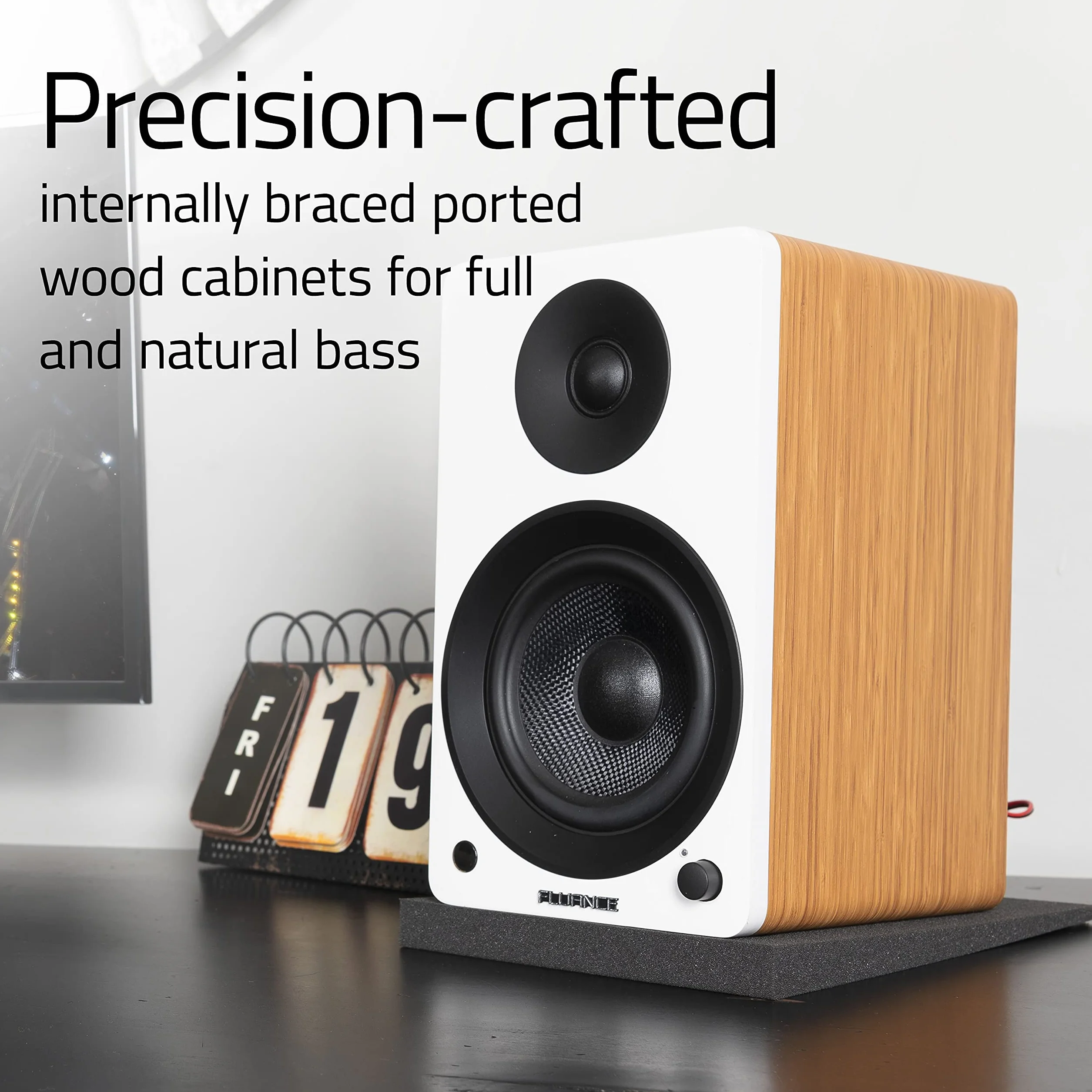 Fluance Ai41 aktywne 2-drożne głośniki stereo 2.0 półkowe z 5" przetwornikami, wzmacniaczem 90 W do gramofonu, TV, PC i Bluetooth 5, RCA, optyczne, Sub-Out – Naturalny orzech