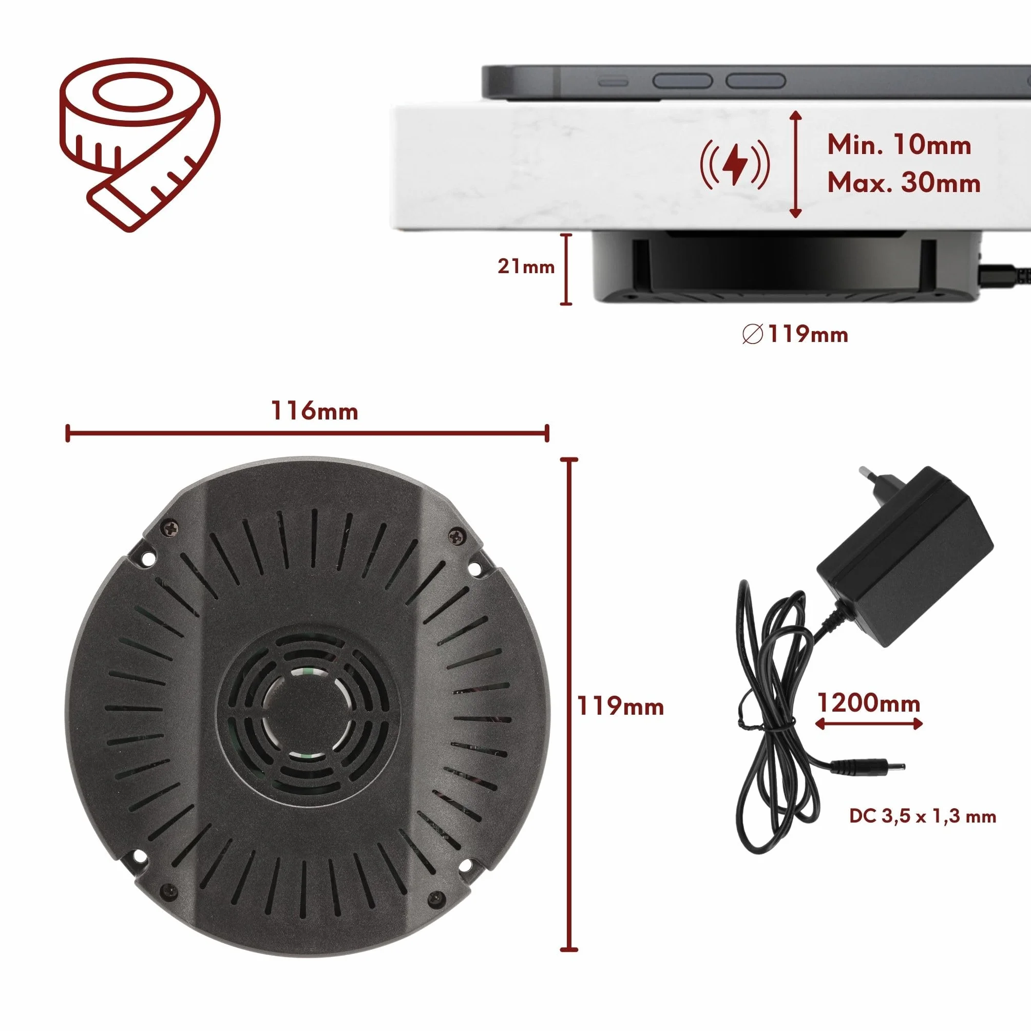 Kalb | DualCharge 10 W bezprzewodowa ładowarka z wyjściem USB 15 W, podstawa do 30 mm, niewidoczna, ładowarka indukcyjna z wentylatorem, zasilacz, kabel 1200 mm